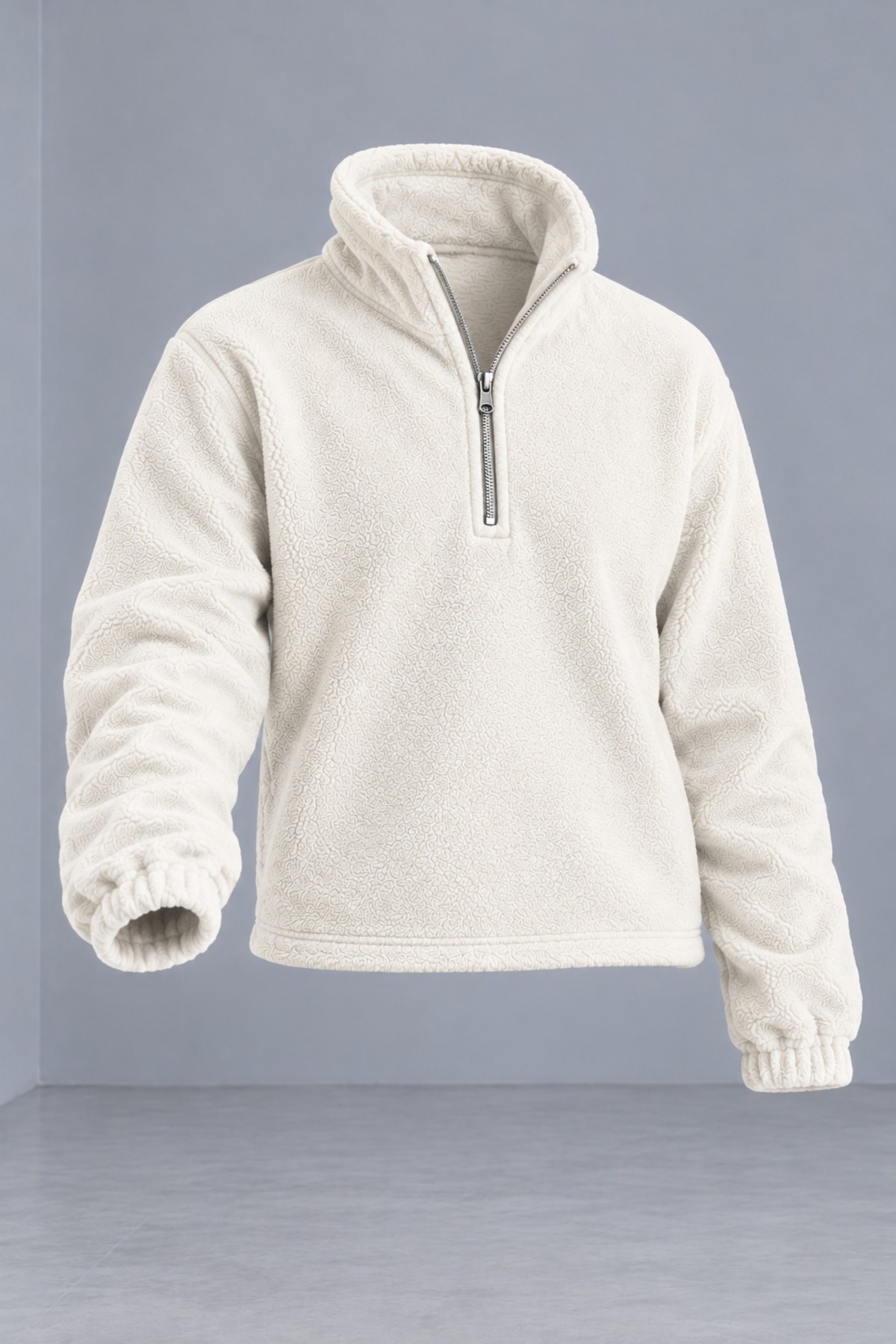 Erkek Dik Yaka Yarım Fermuarlı Kışlık Ekru Polar Sweatshirt 4