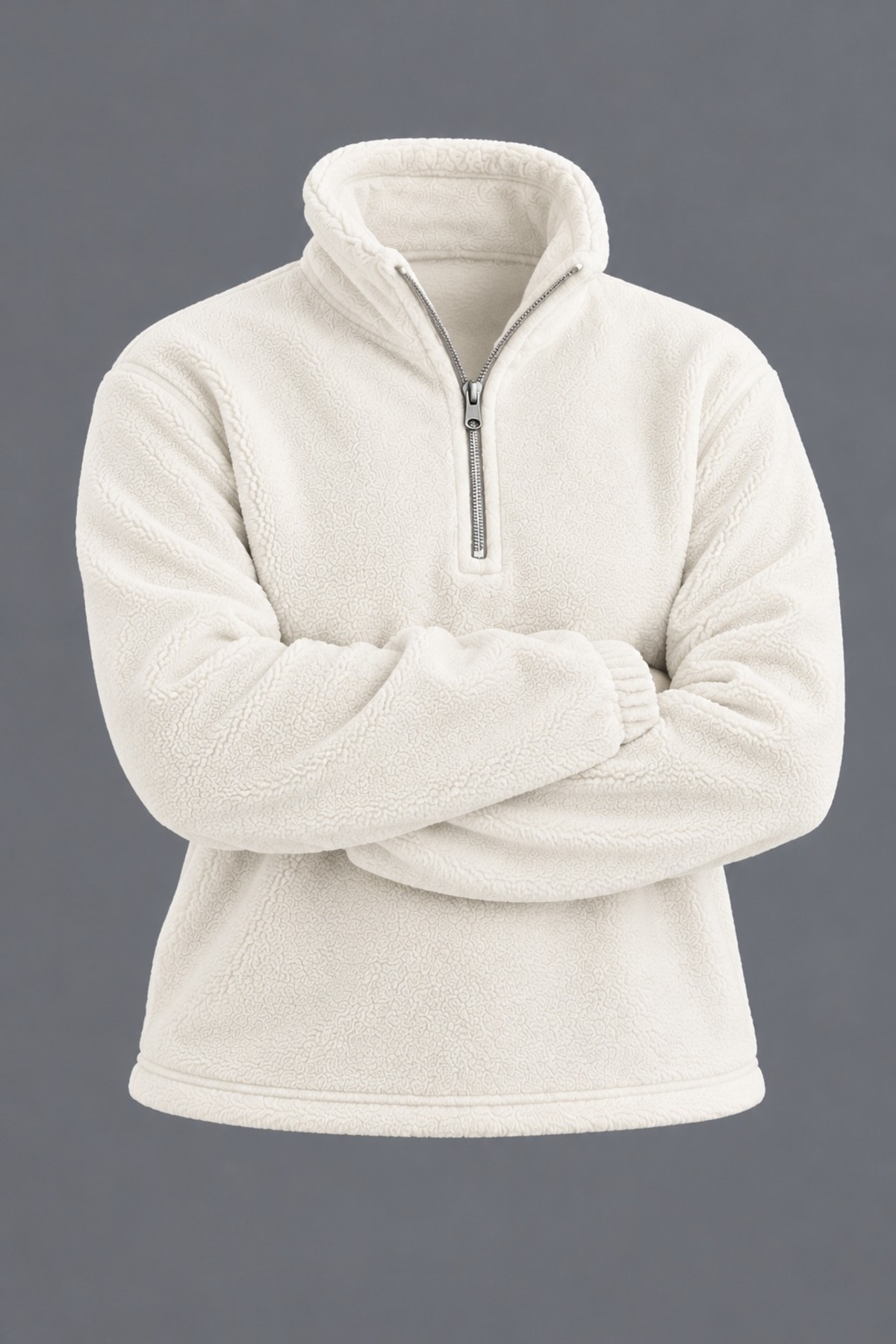 Erkek Dik Yaka Yarım Fermuarlı Kışlık Ekru Polar Sweatshirt 6