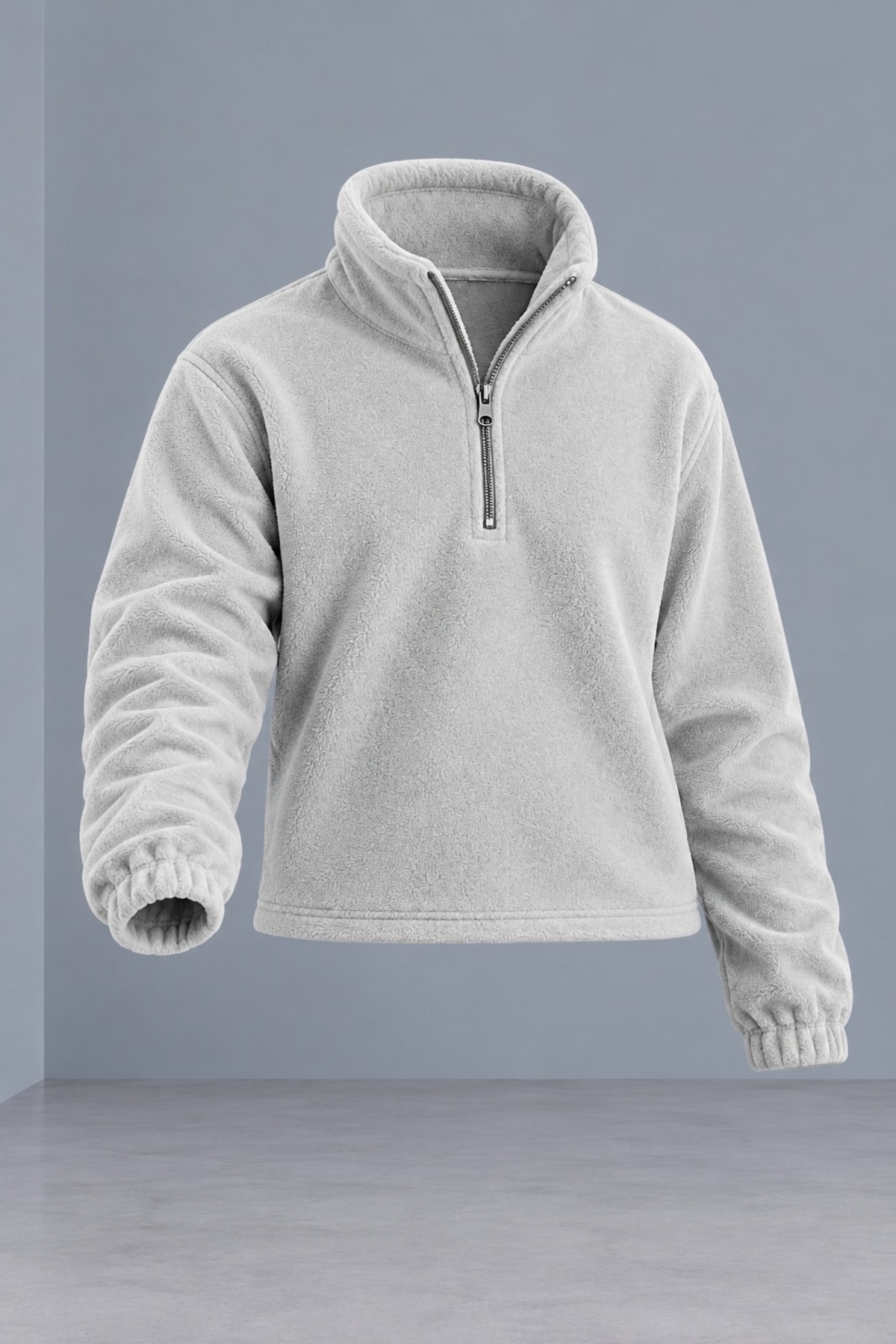 Erkek Dik Yaka Yarım Fermuarlı Kışlık Gri Polar Sweatshirt 4