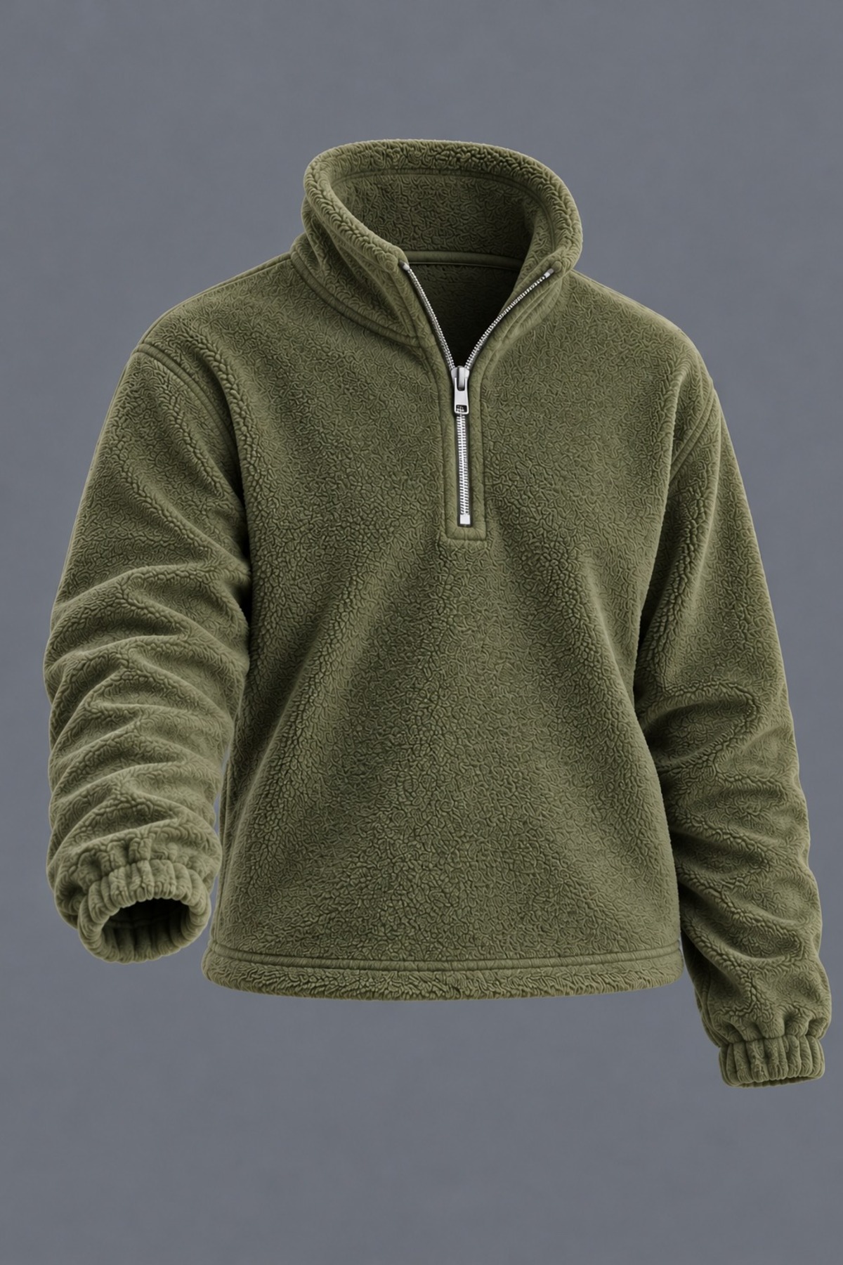 Erkek Dik Yaka Yarım Fermuarlı Kışlık Haki Polar Sweatshirt 4