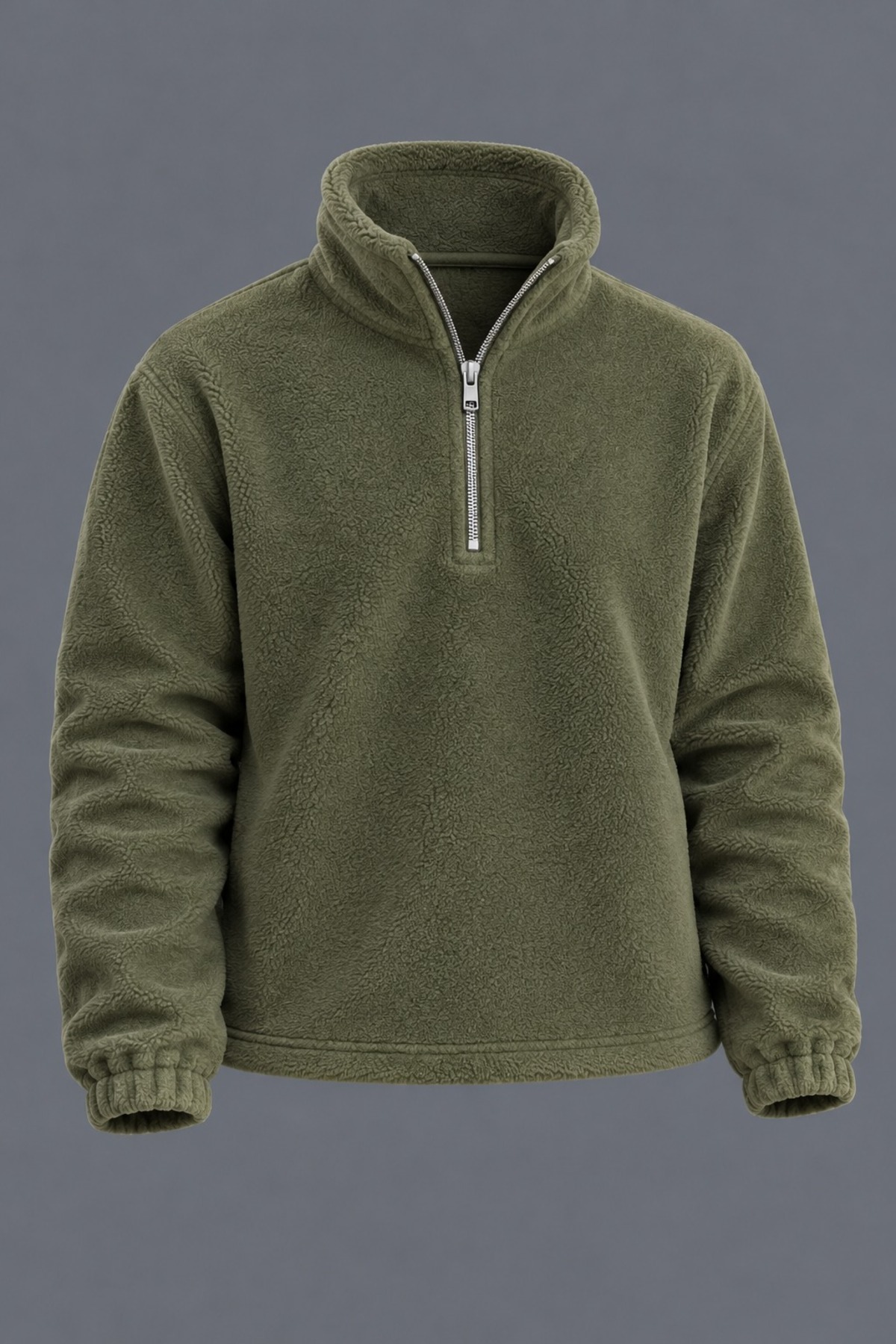 Erkek Dik Yaka Yarım Fermuarlı Kışlık Haki Polar Sweatshirt 5