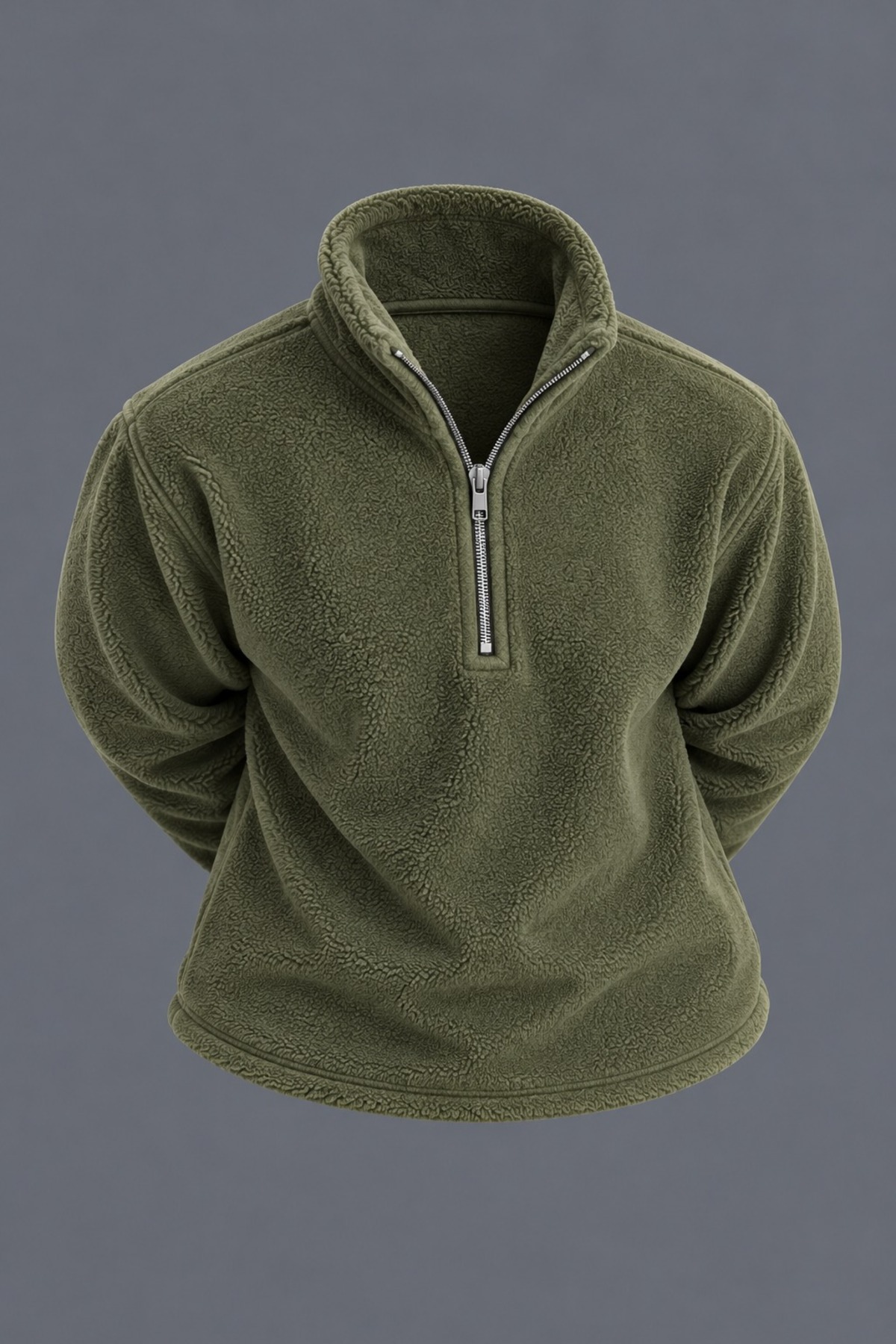 Erkek Dik Yaka Yarım Fermuarlı Kışlık Haki Polar Sweatshirt 3