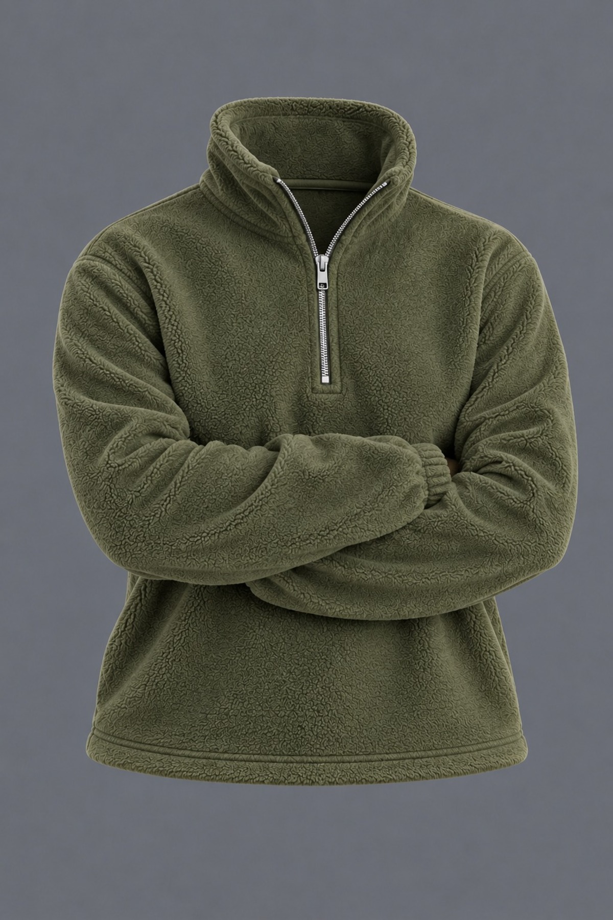 Erkek Dik Yaka Yarım Fermuarlı Kışlık Haki Polar Sweatshirt 6