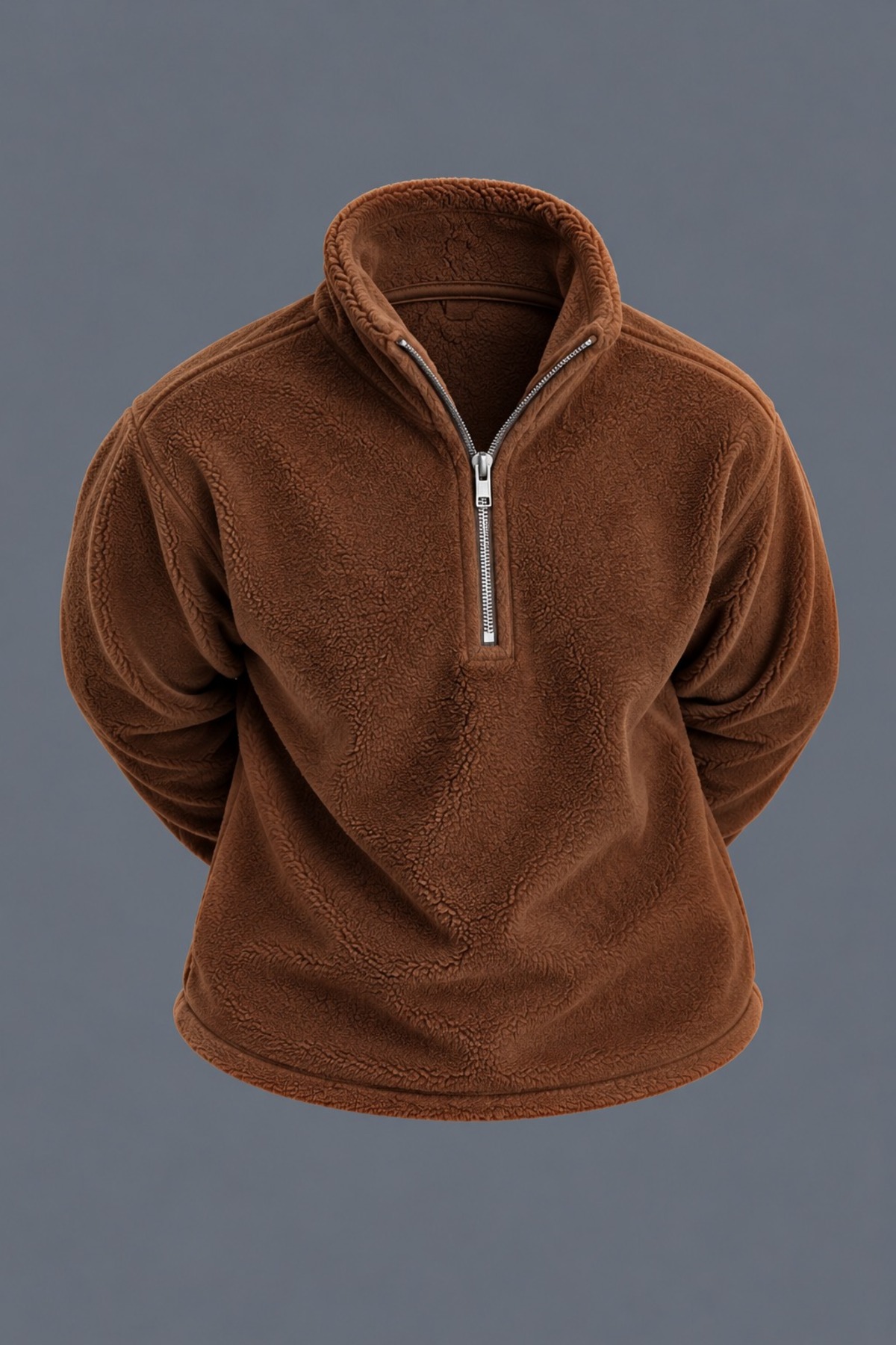Erkek Dik Yaka Yarım Fermuarlı Kışlık Kahve Polar Sweatshirt 3