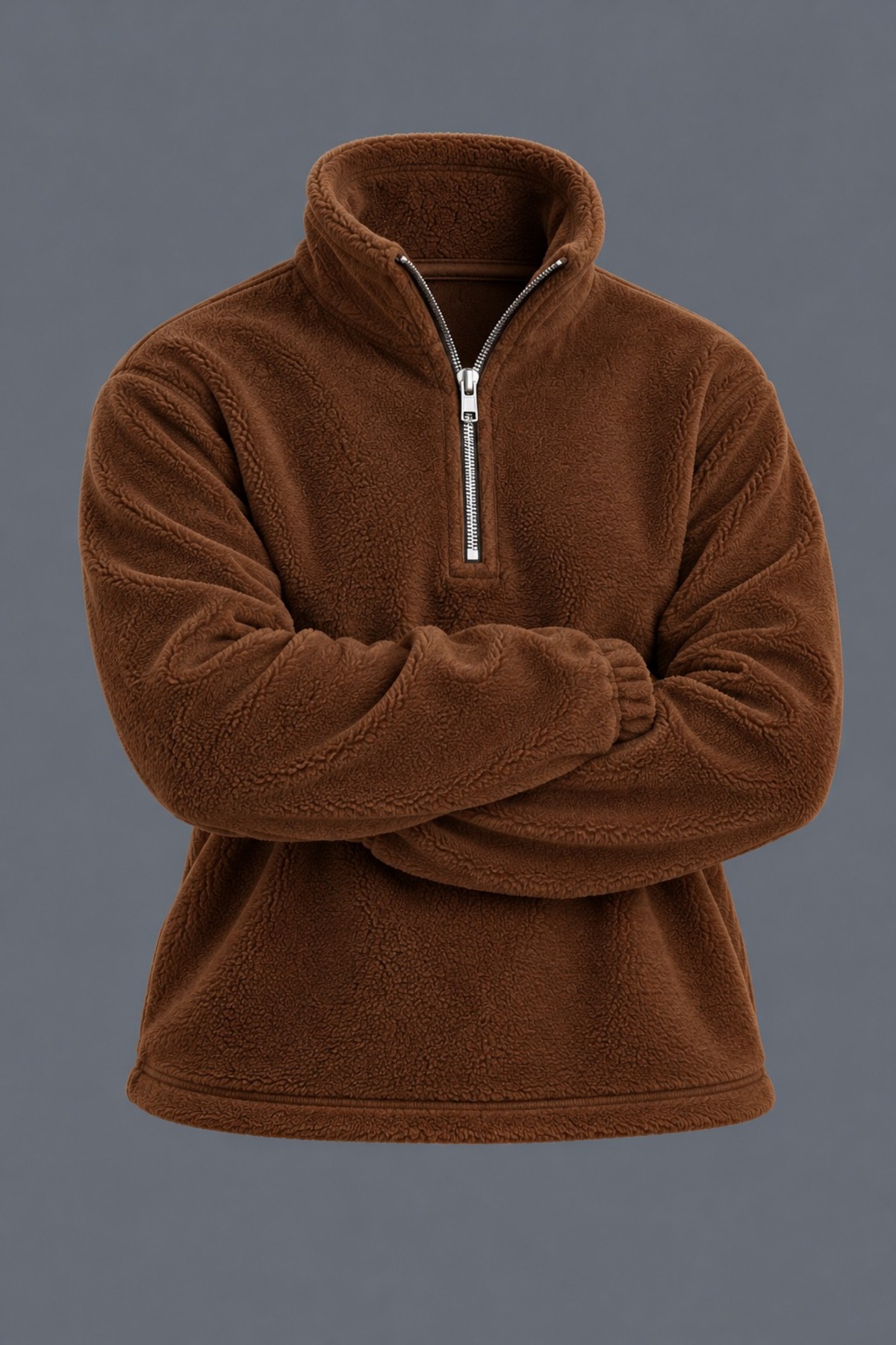 Erkek Dik Yaka Yarım Fermuarlı Kışlık Kahve Polar Sweatshirt 6