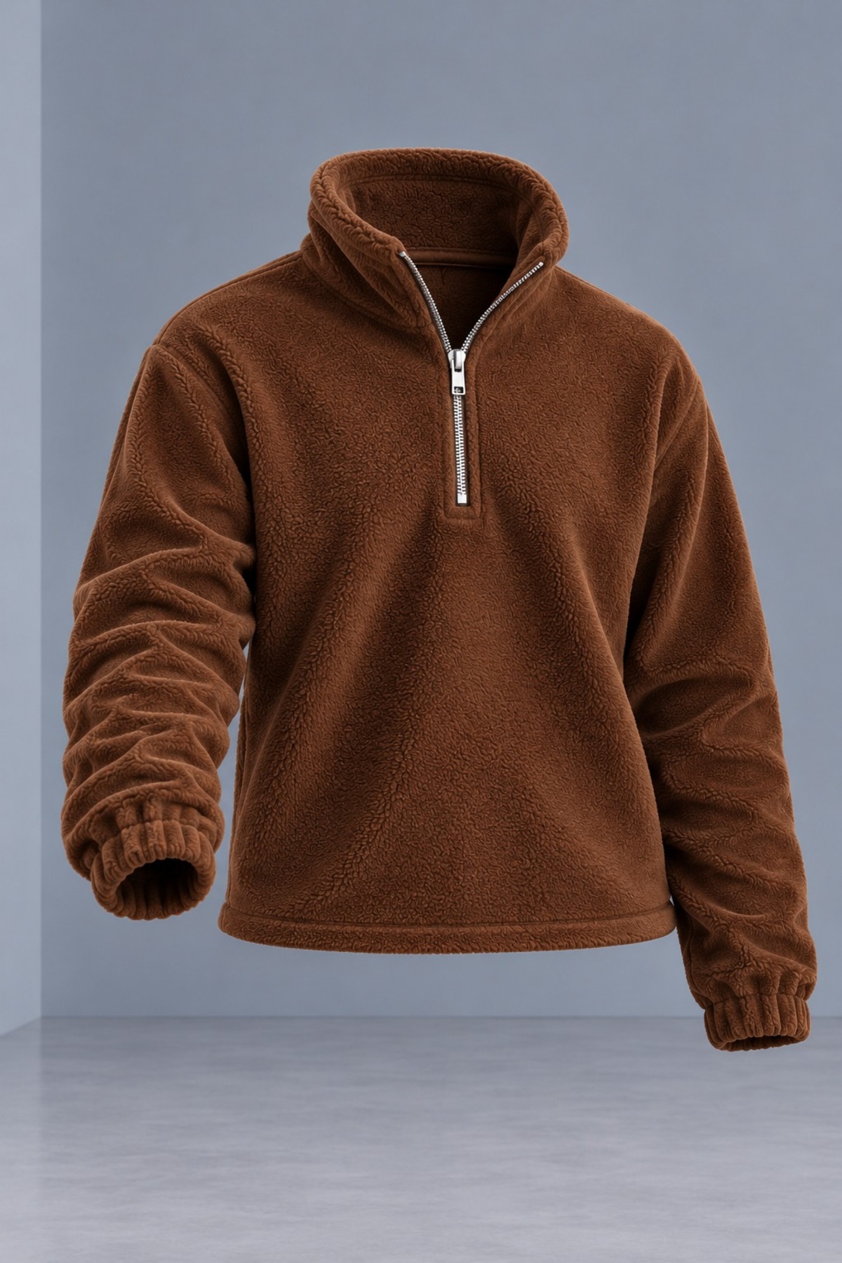 Erkek Dik Yaka Yarım Fermuarlı Kışlık Kahve Polar Sweatshirt 4