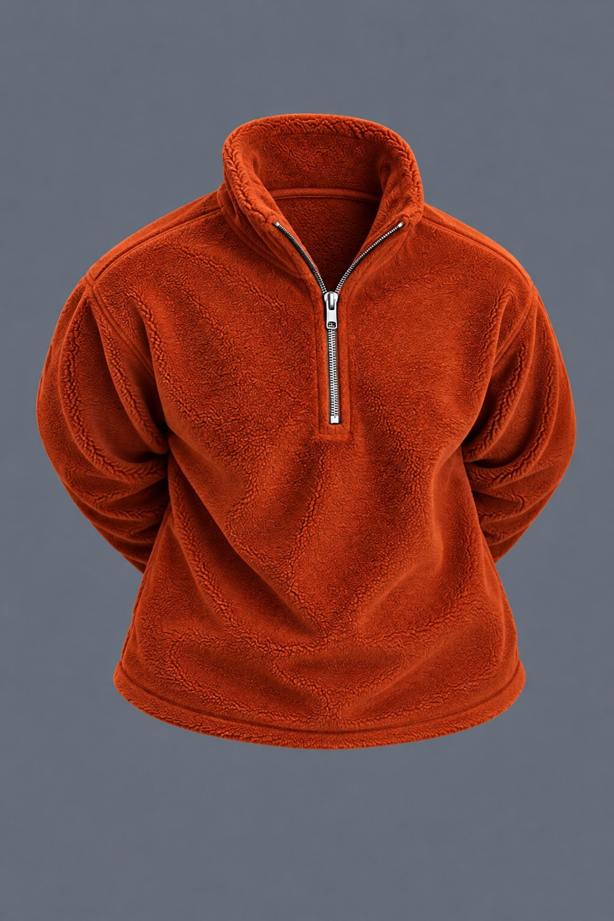 Erkek Dik Yaka Yarım Fermuarlı Kışlık Kiremit Polar Sweatshirt 3