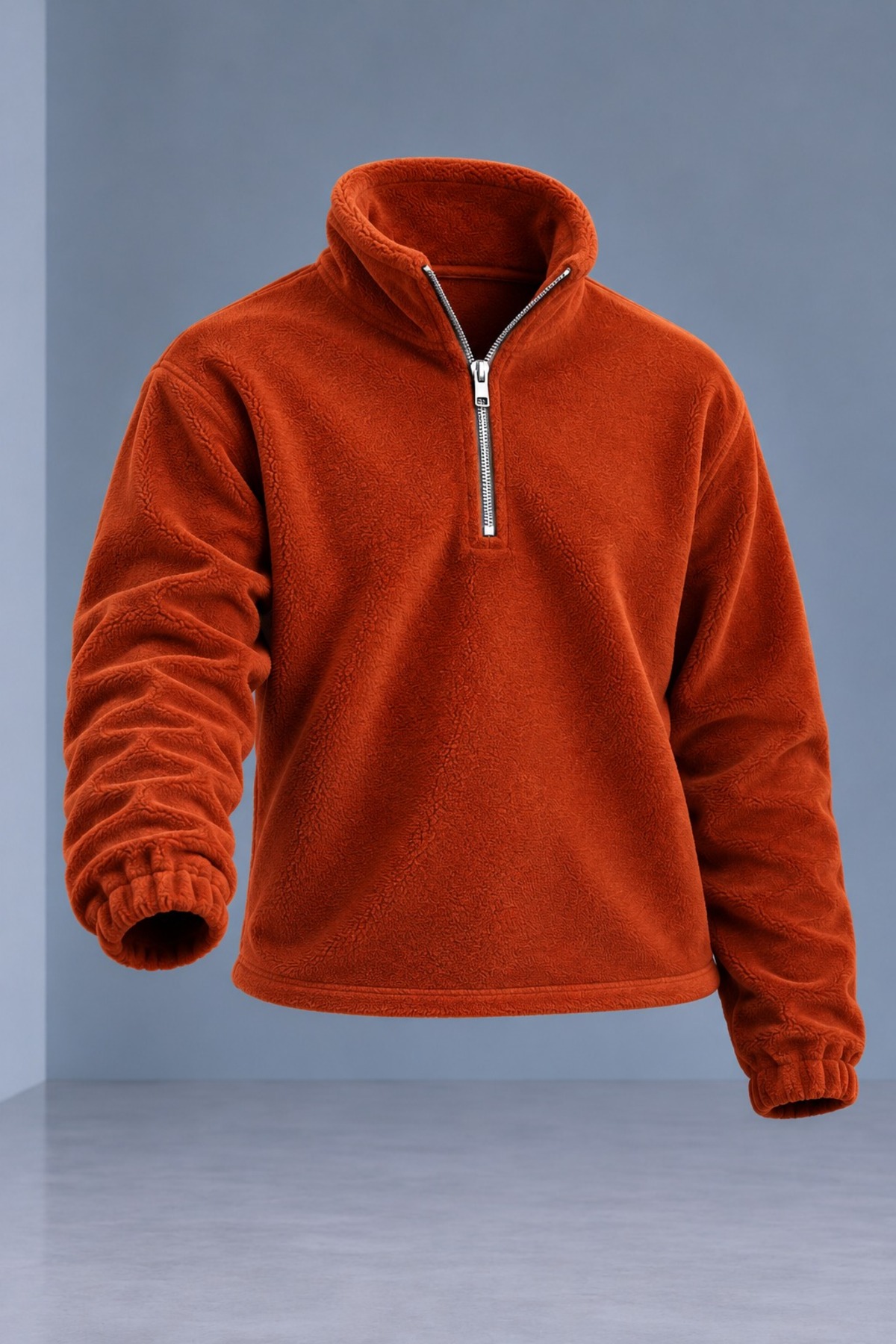 Erkek Dik Yaka Yarım Fermuarlı Kışlık Kiremit Polar Sweatshirt 4
