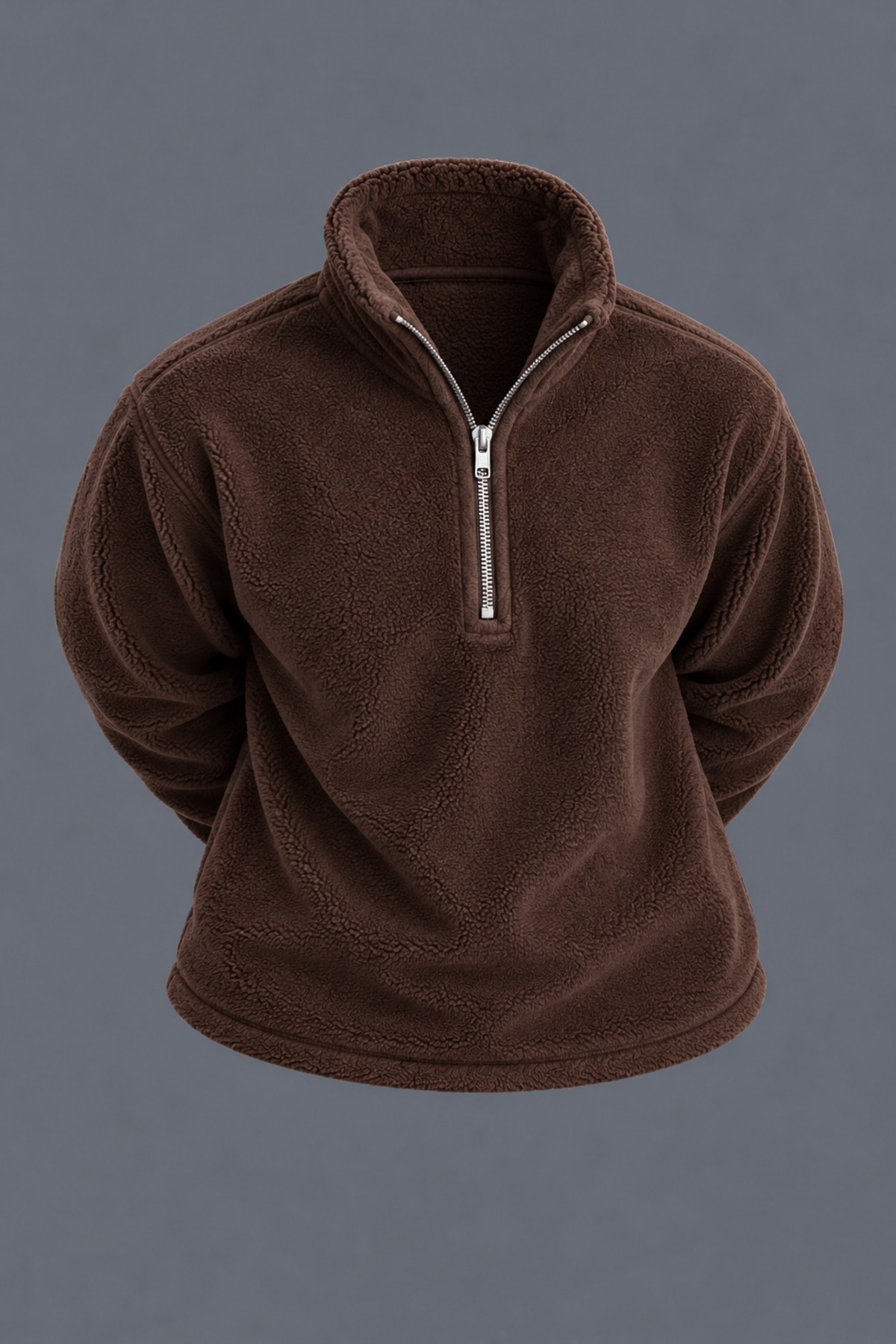 Erkek Dik Yaka Yarım Fermuarlı Kışlık K.Kahve Polar Sweatshirt 3