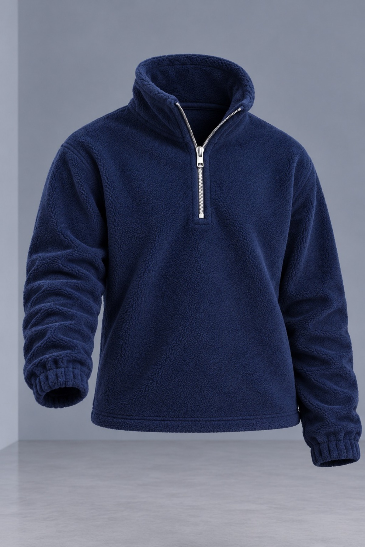 Erkek Dik Yaka Yarım Fermuarlı Kışlık Lacivert Polar Sweatshirt 4