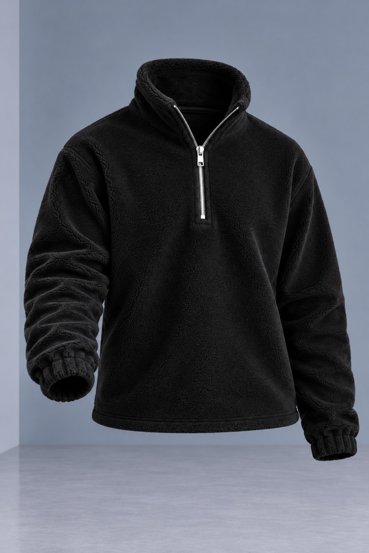 Erkek Dik Yaka Yarım Fermuarlı Kışlık Siyah Polar Sweatshirt 4