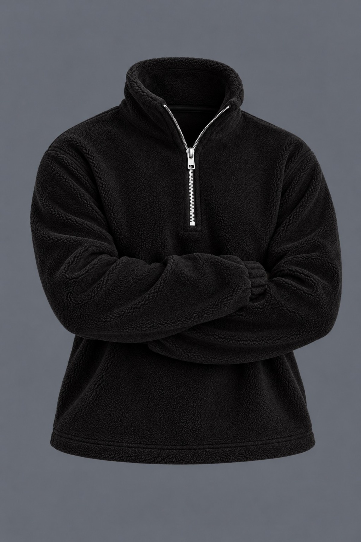 Erkek Dik Yaka Yarım Fermuarlı Kışlık Siyah Polar Sweatshirt 6
