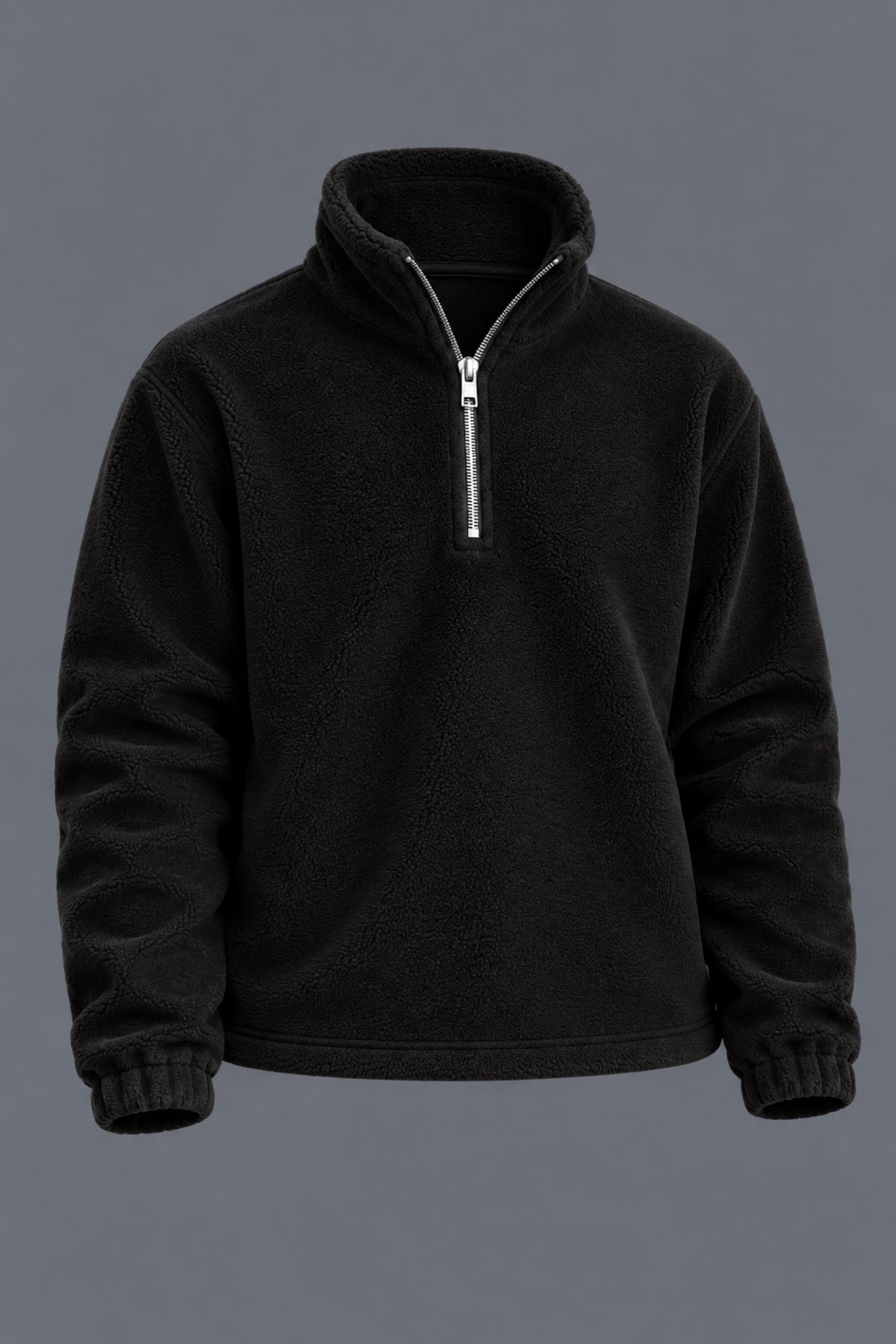 Erkek Dik Yaka Yarım Fermuarlı Kışlık Siyah Polar Sweatshirt 5