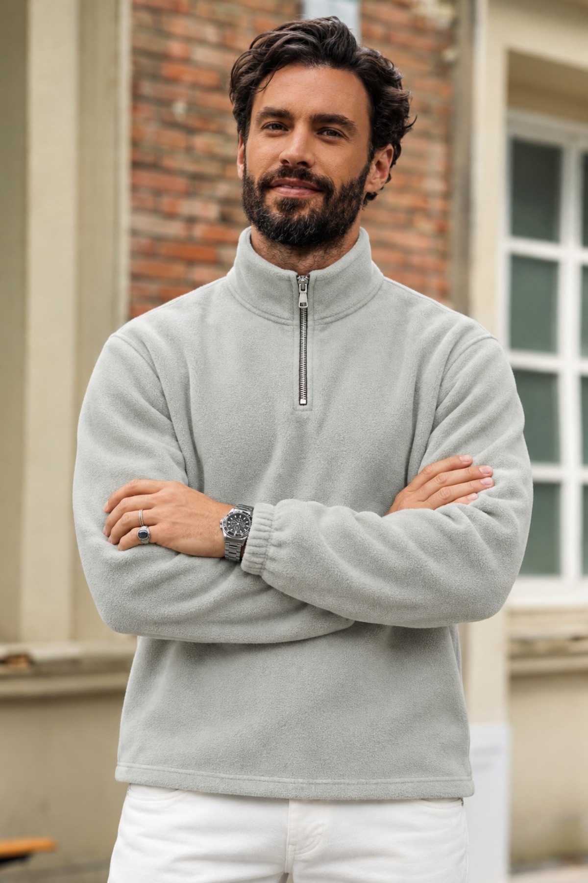 Erkek Yarım Fermuarlı Dik Yaka Gri Polar 5