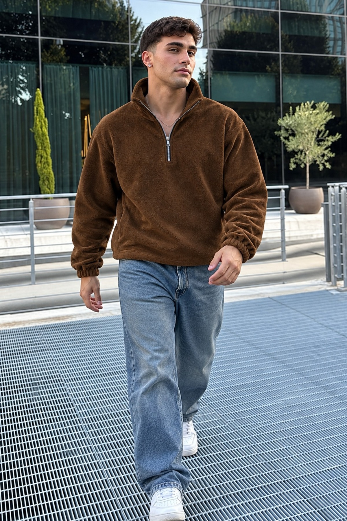 Erkek Dik Yaka Fermuarlı Casual Kahve Polar 6