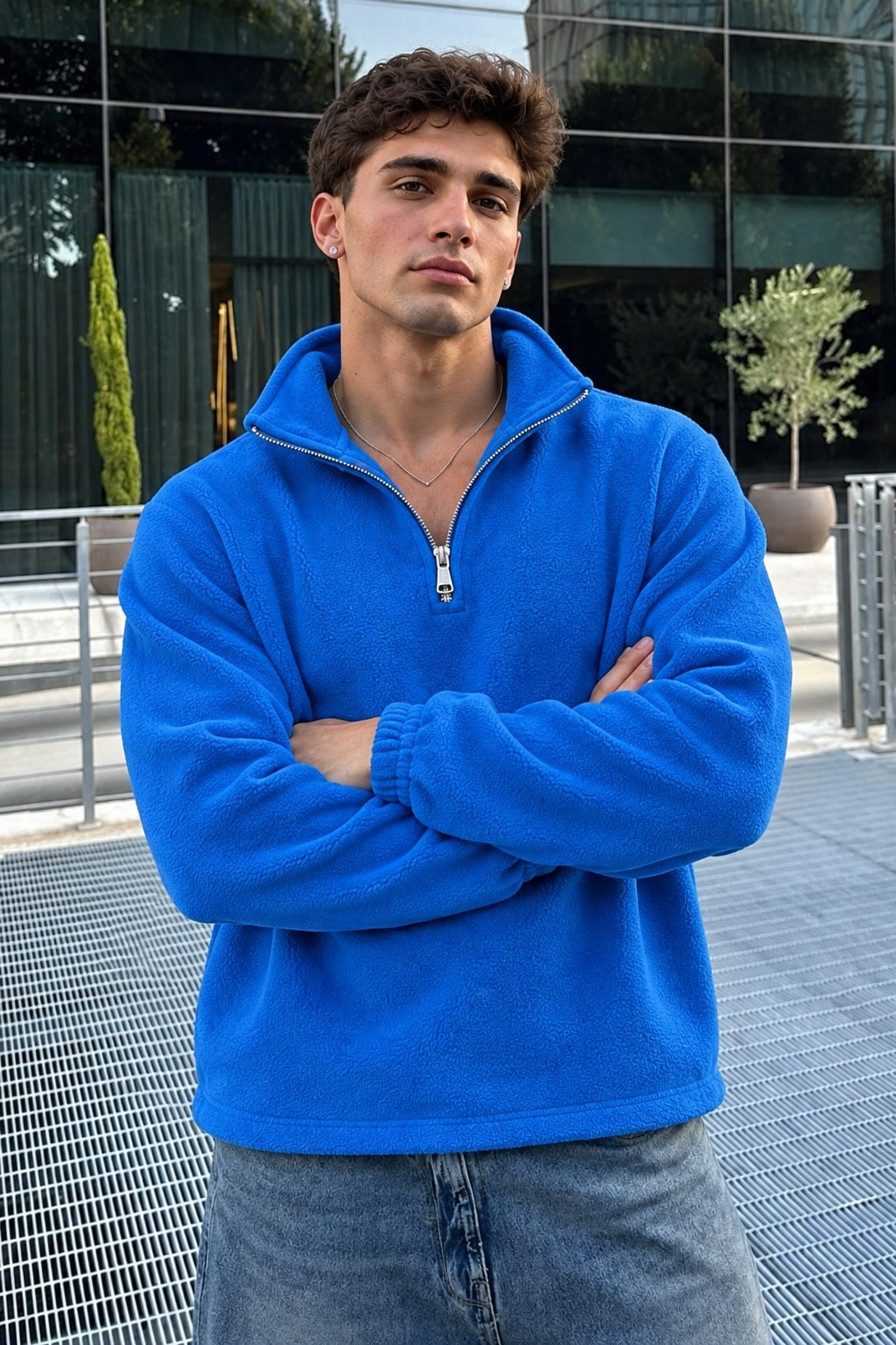 Erkek Dik Yaka Fermuarlı Casual Mavi Polar 5