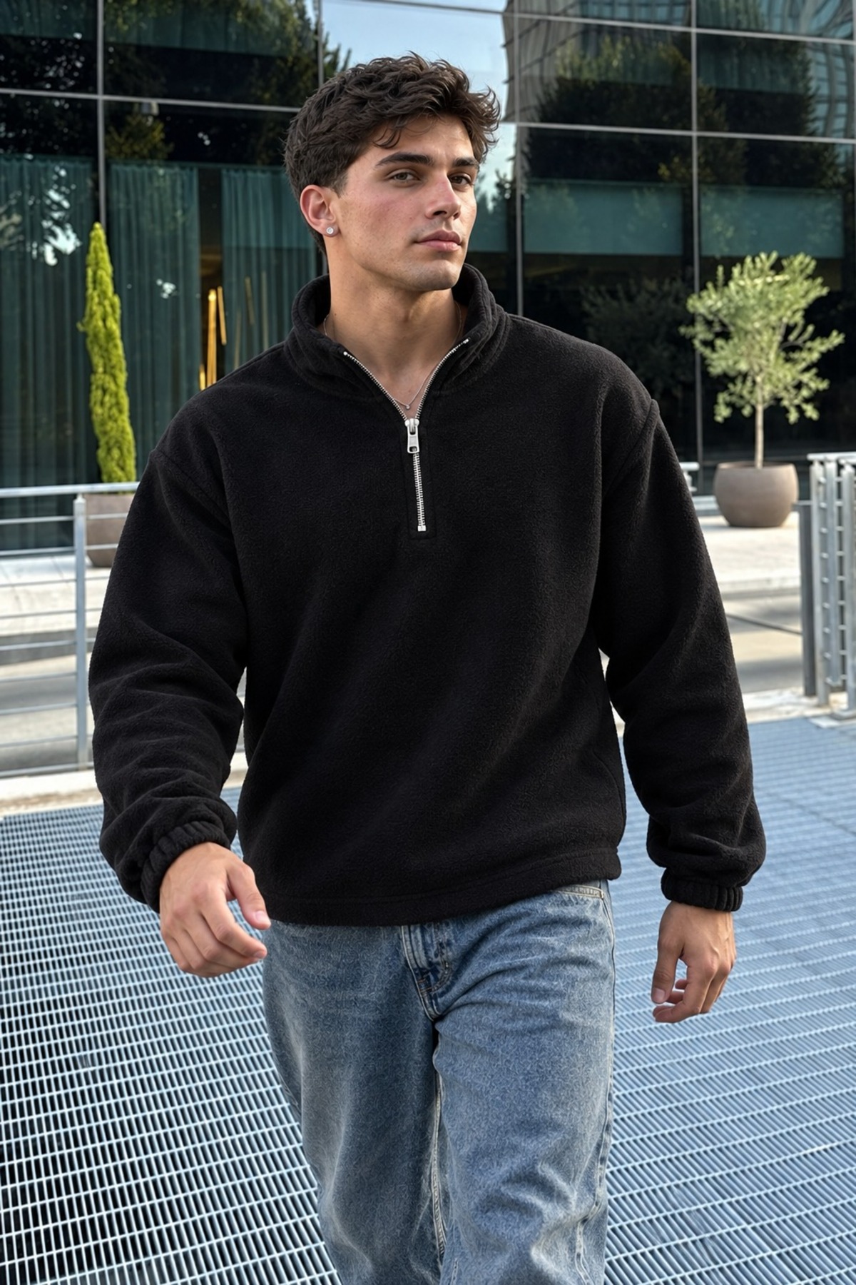 Erkek Dik Yaka Fermuarlı Casual Siyah Polar 6