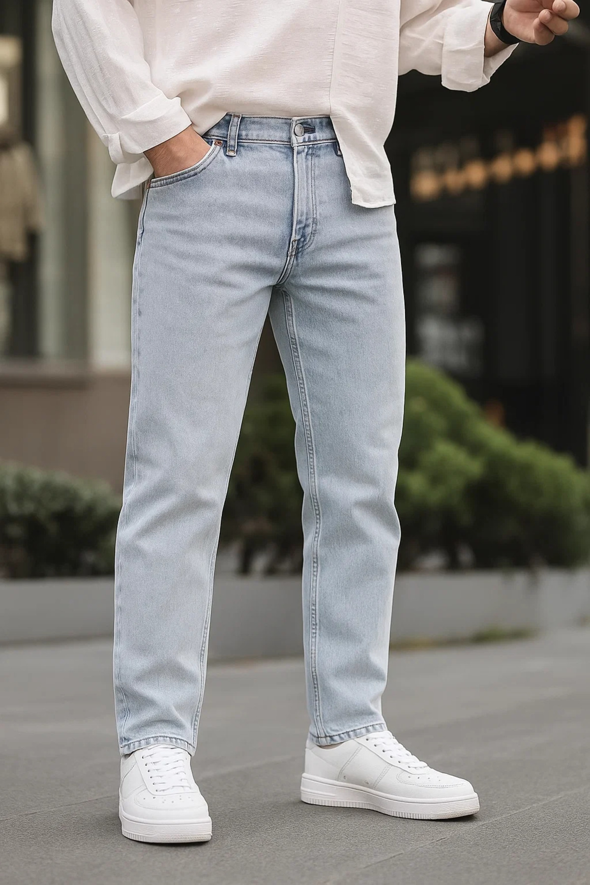 Erkek Bol Paça Basic Esnek Mavi Kot Pantolon 4