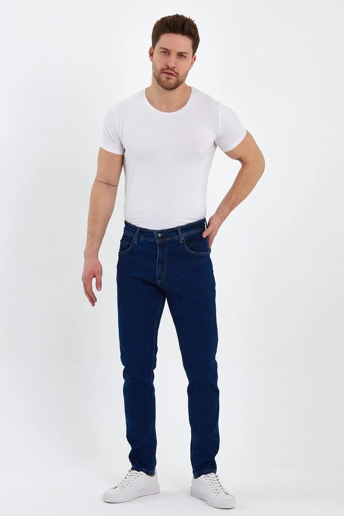Erkek Jeansvibe Dar Paça Esnek Koyu Mavi Klasik Kot Pantolon 4