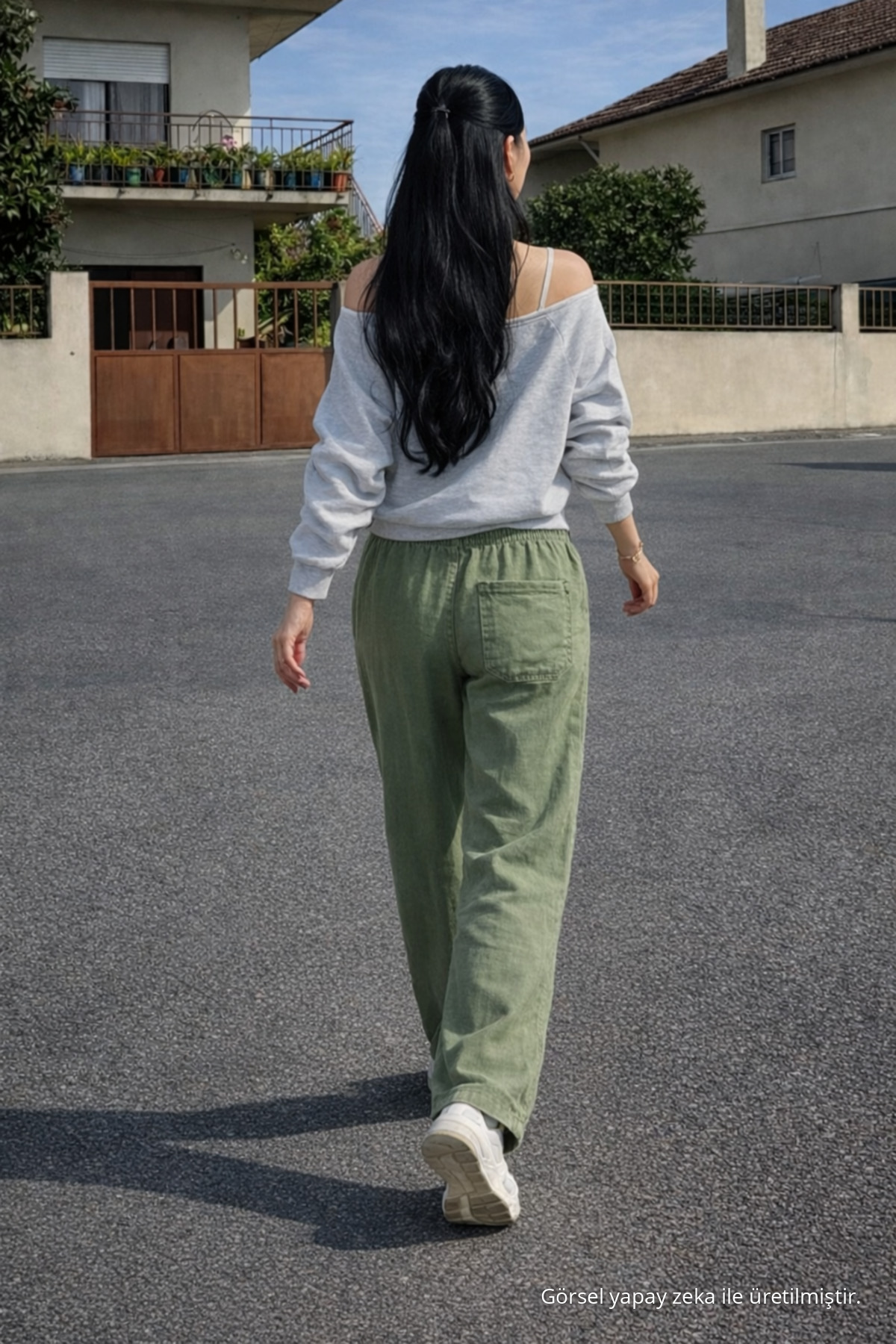 Kadın Beli Lastikli Bol Paça Yeşil Keten Pantolon 6