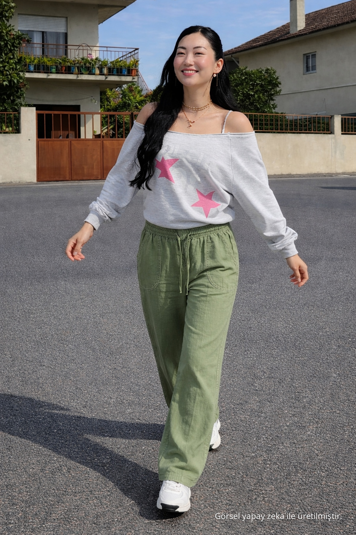 Kadın Beli Lastikli Bol Paça Yeşil Keten Pantolon 4