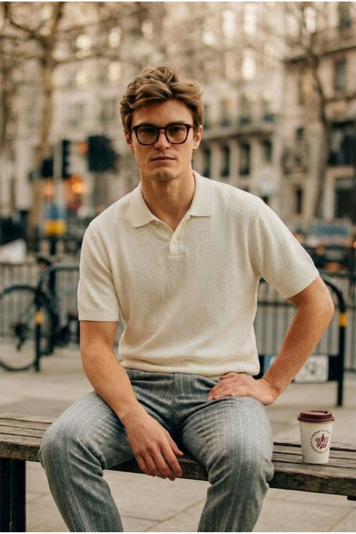 Erkek Dokulu Bol Kısa Kollu Krem Triko Polo Yaka T Shirt 4