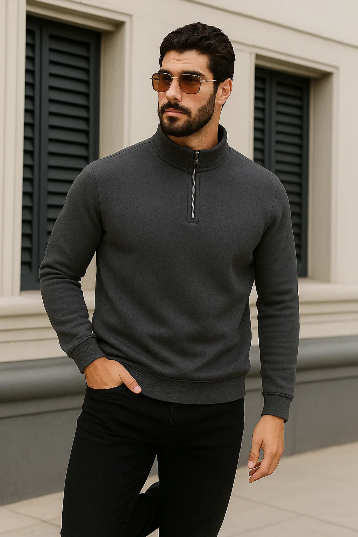 Erkek Trend Kışlık Antrasit Fermuarlı Sweatshirt 4