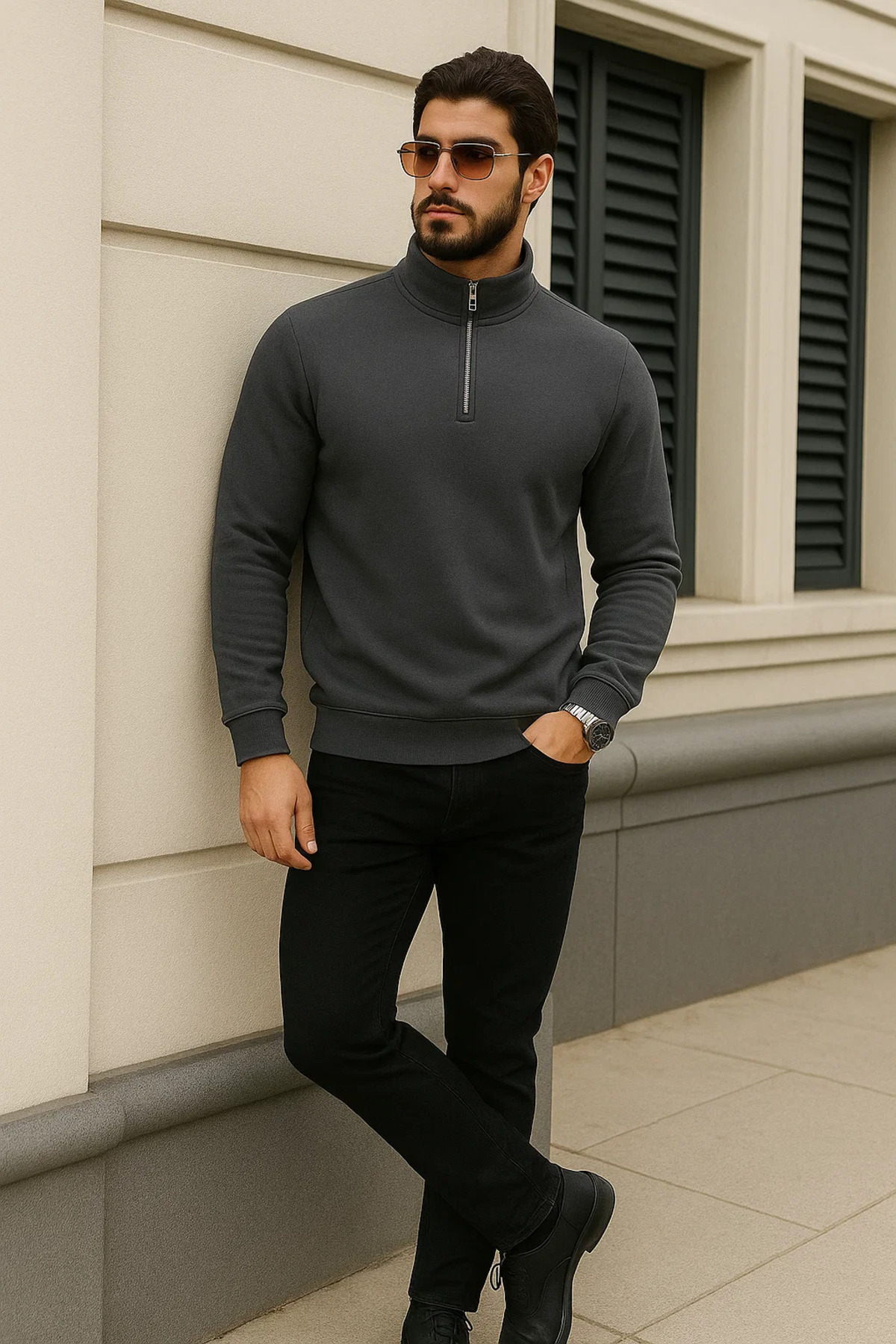 Erkek Trend Kışlık Antrasit Fermuarlı Sweatshirt 3