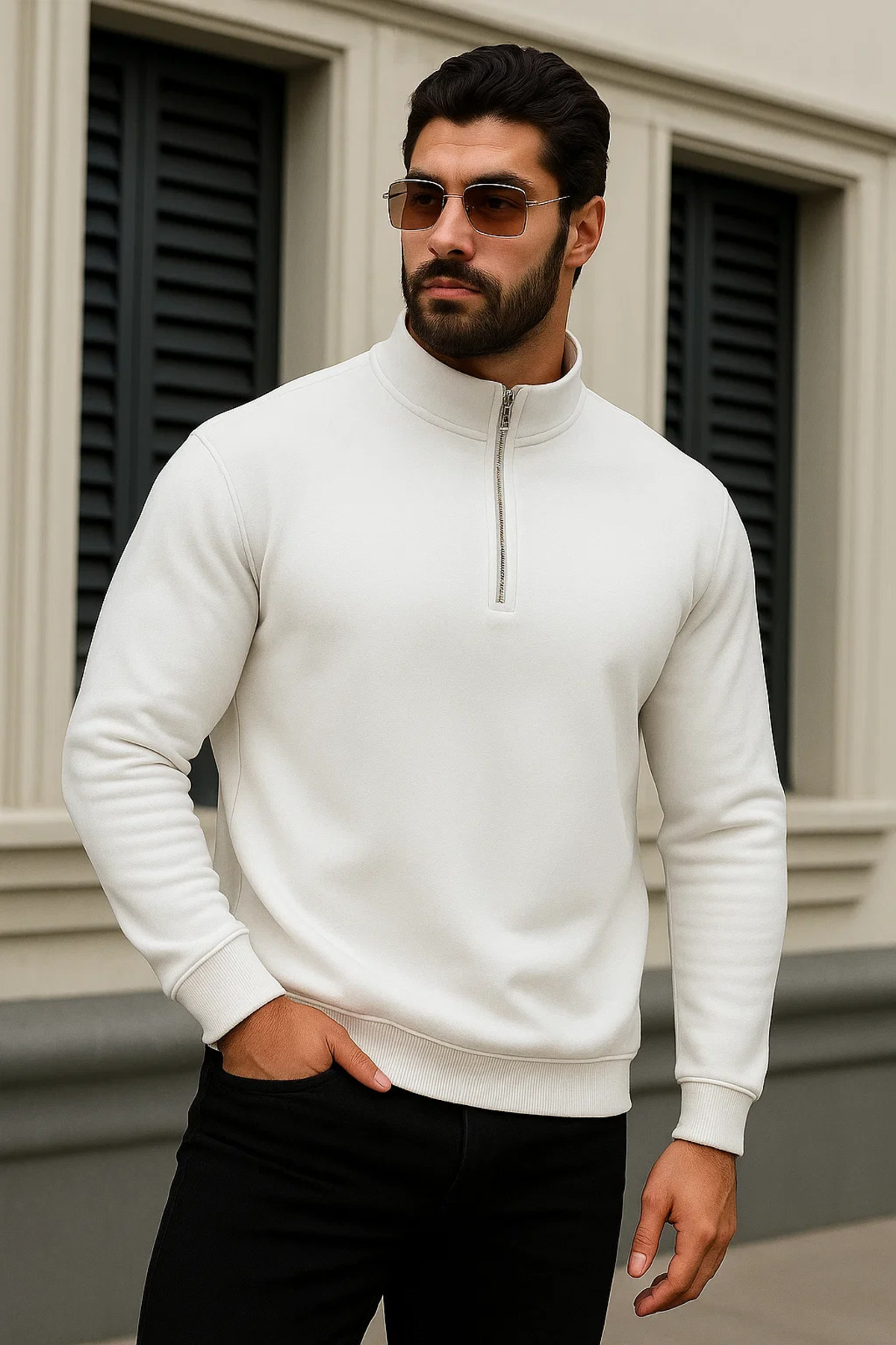 Erkek Trend Kışlık Beyaz Fermuarlı Sweatshirt 3