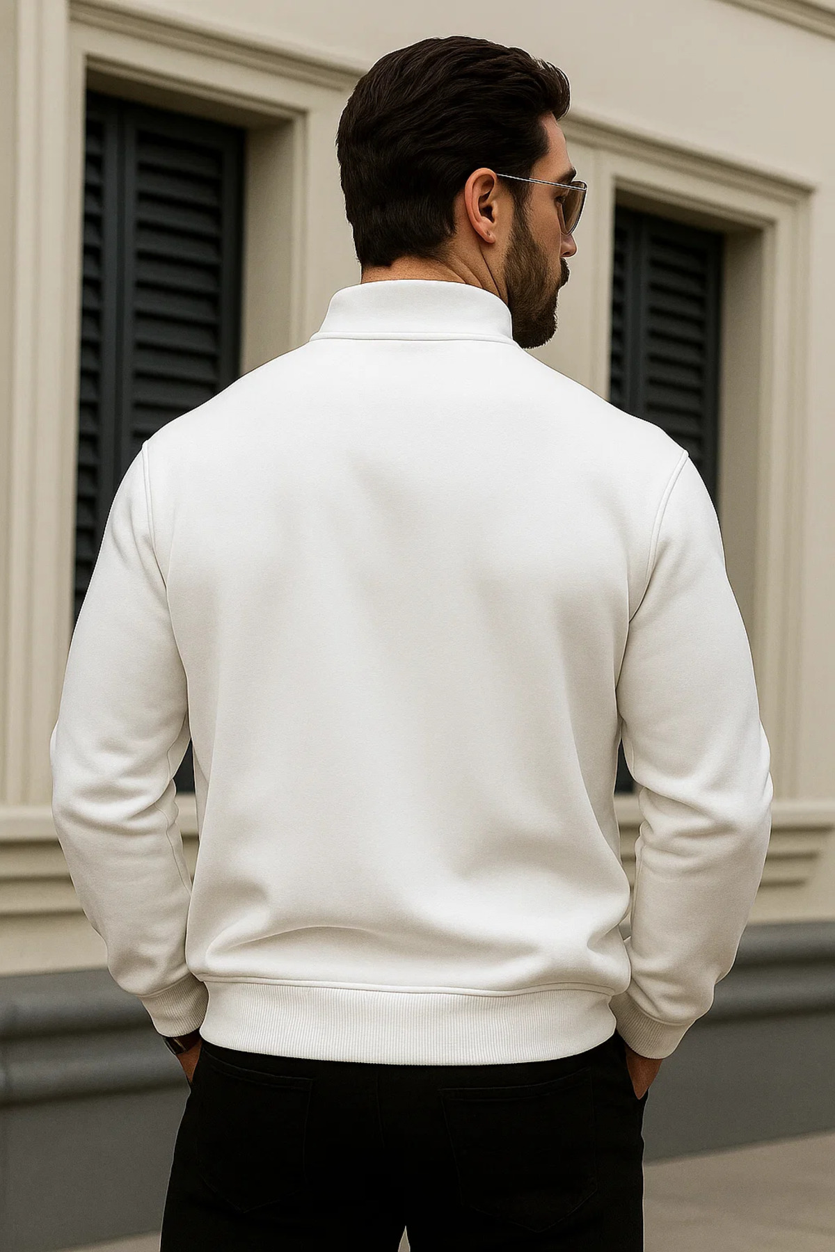 Erkek Trend Kışlık Beyaz Fermuarlı Sweatshirt 5