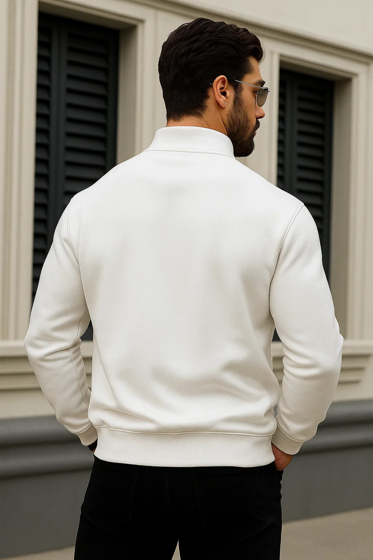 Erkek Trend Kışlık Beyaz Fermuarlı Sweatshirt 6