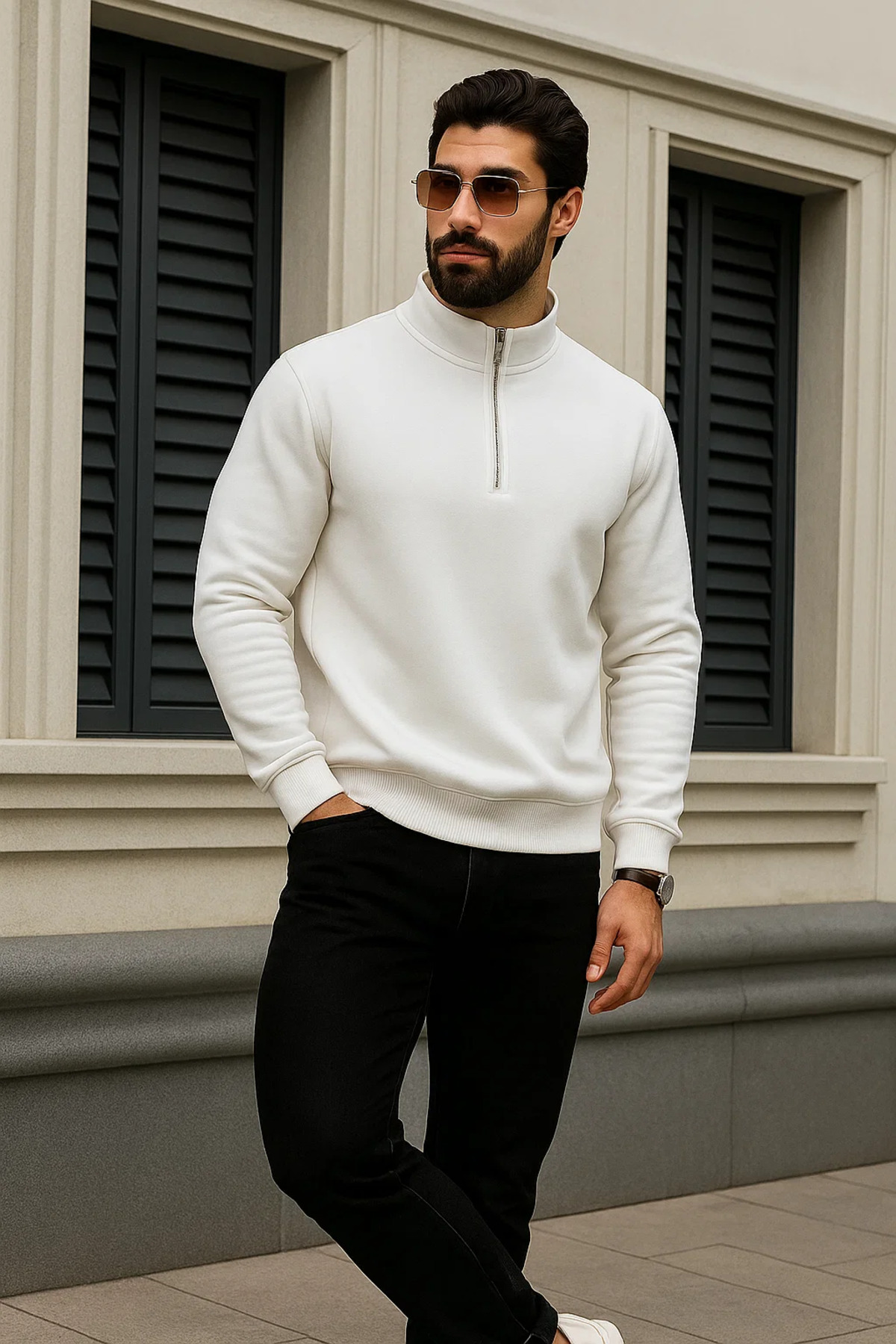 Erkek Trend Kışlık Beyaz Fermuarlı Sweatshirt 4