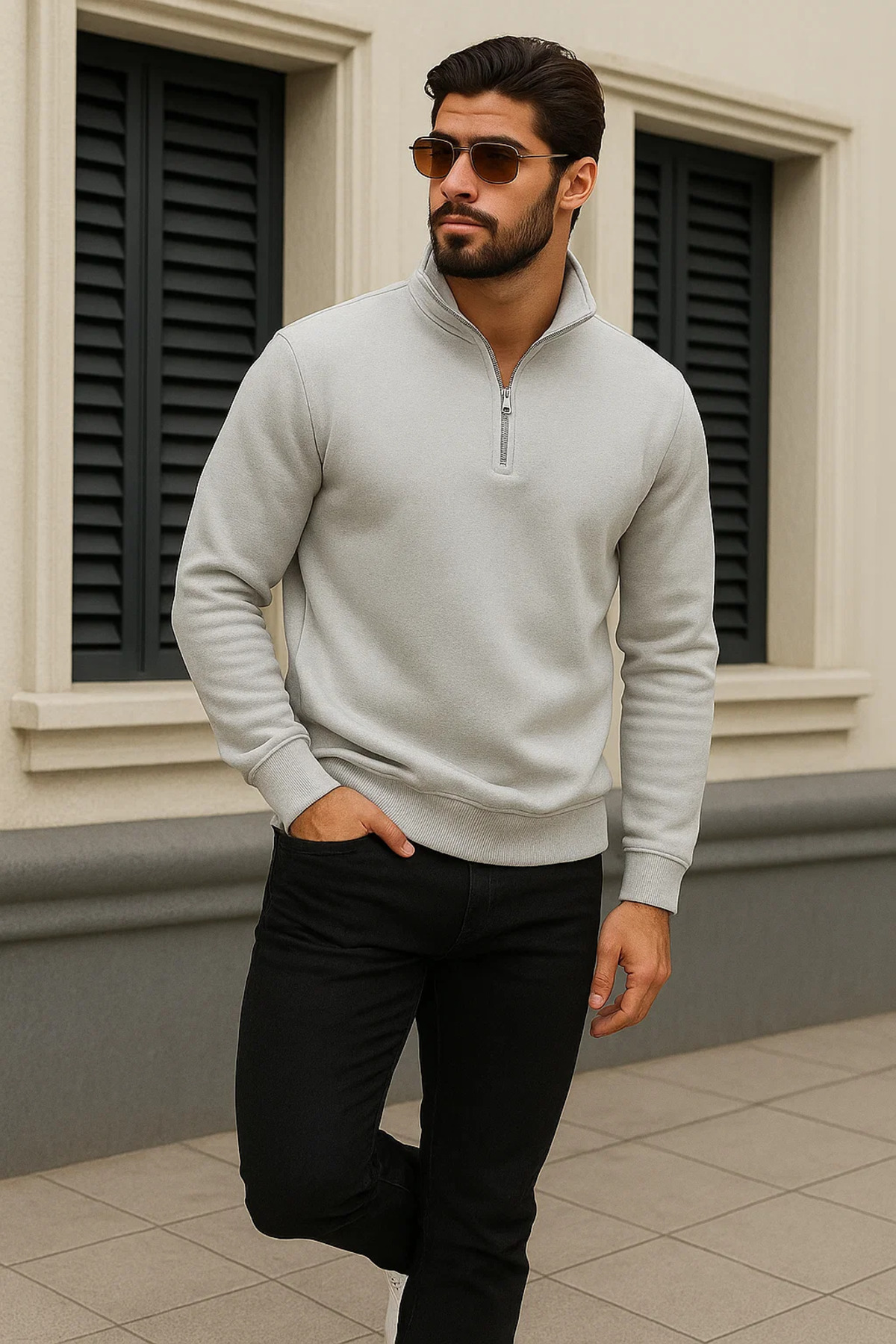 Erkek Trend Kışlık Gri Fermuarlı Sweatshirt 4
