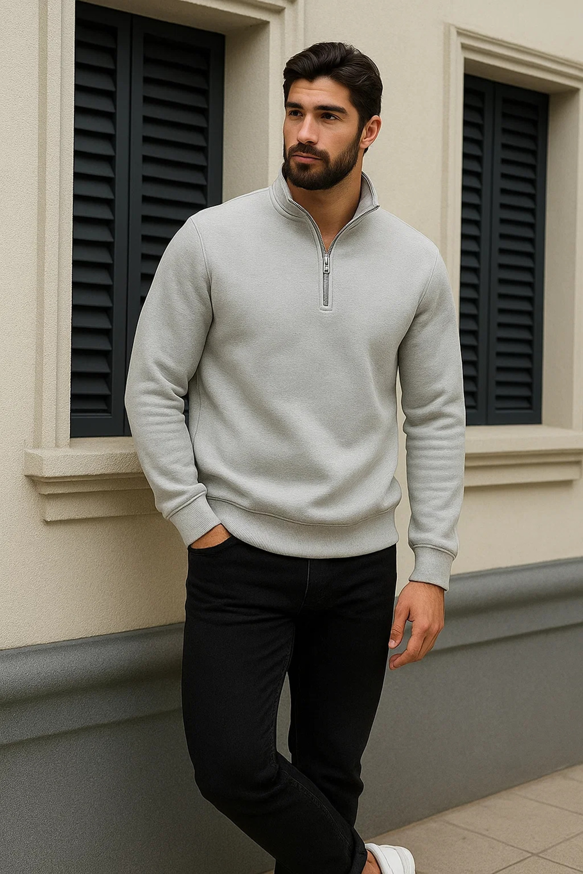 Erkek Trend Kışlık Gri Fermuarlı Sweatshirt 3