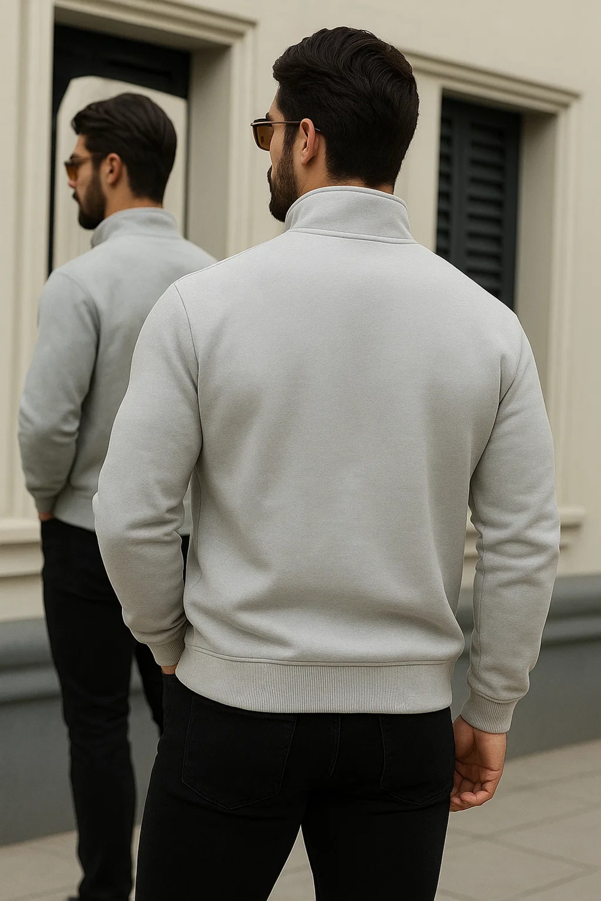 Erkek Trend Kışlık Gri Fermuarlı Sweatshirt 5