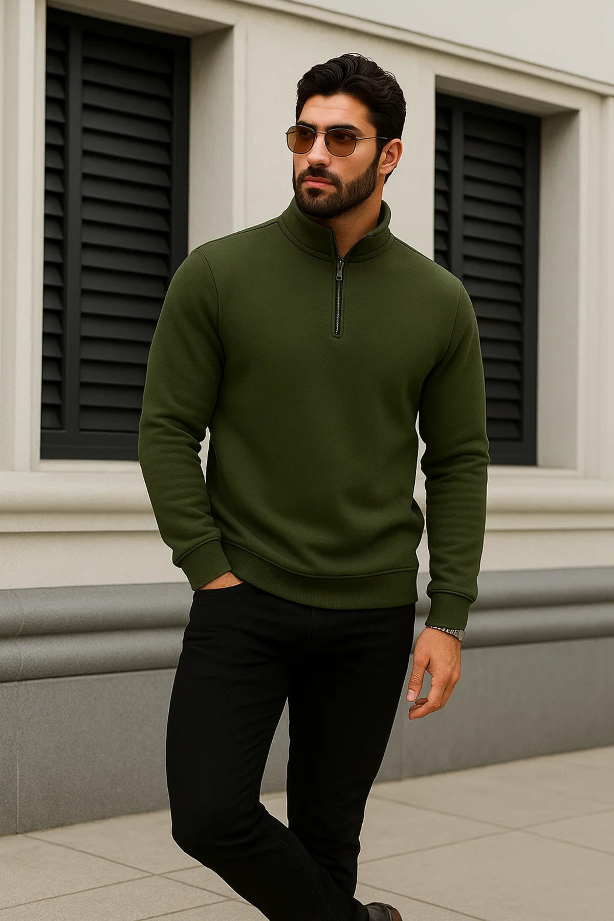 Erkek Trend Kışlık Haki Fermuarlı Sweatshirt 4