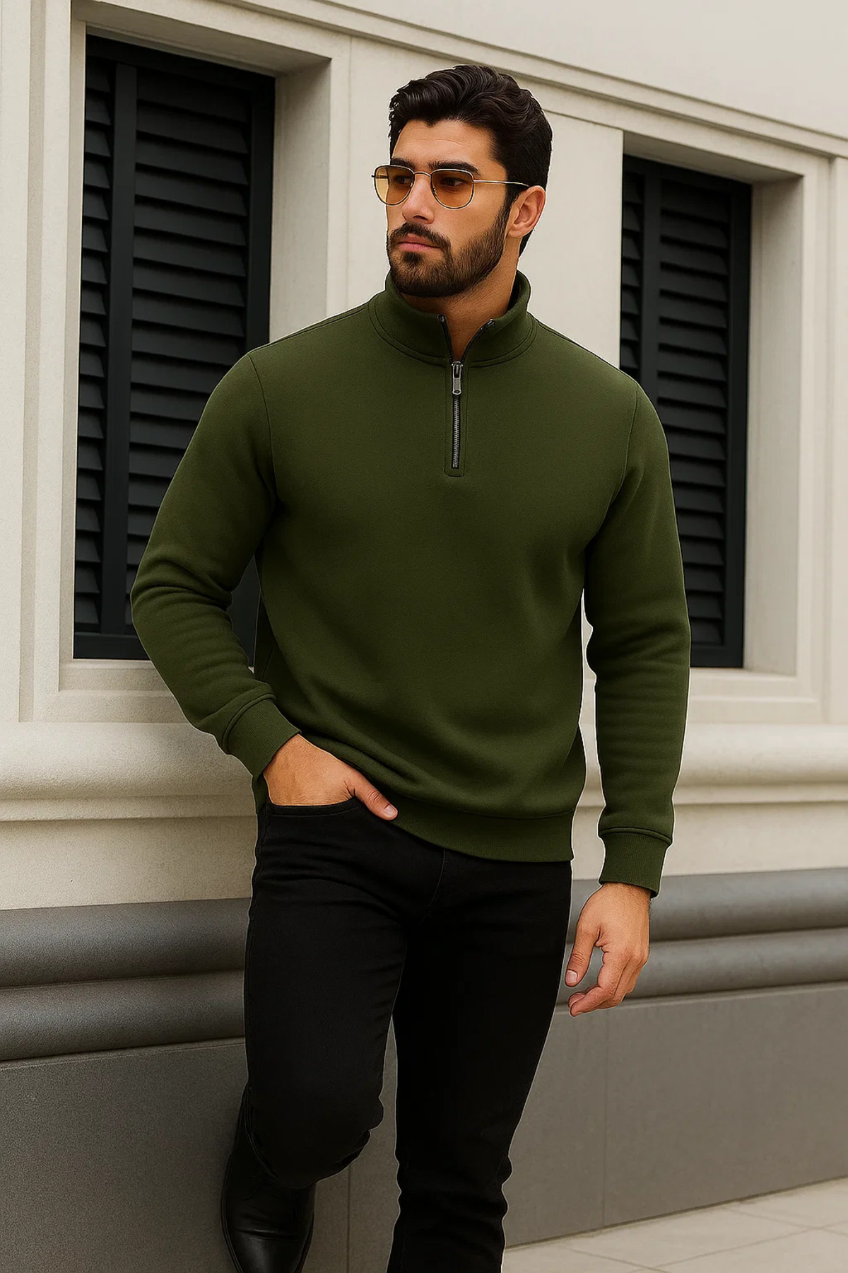 Erkek Trend Kışlık Haki Fermuarlı Sweatshirt 3