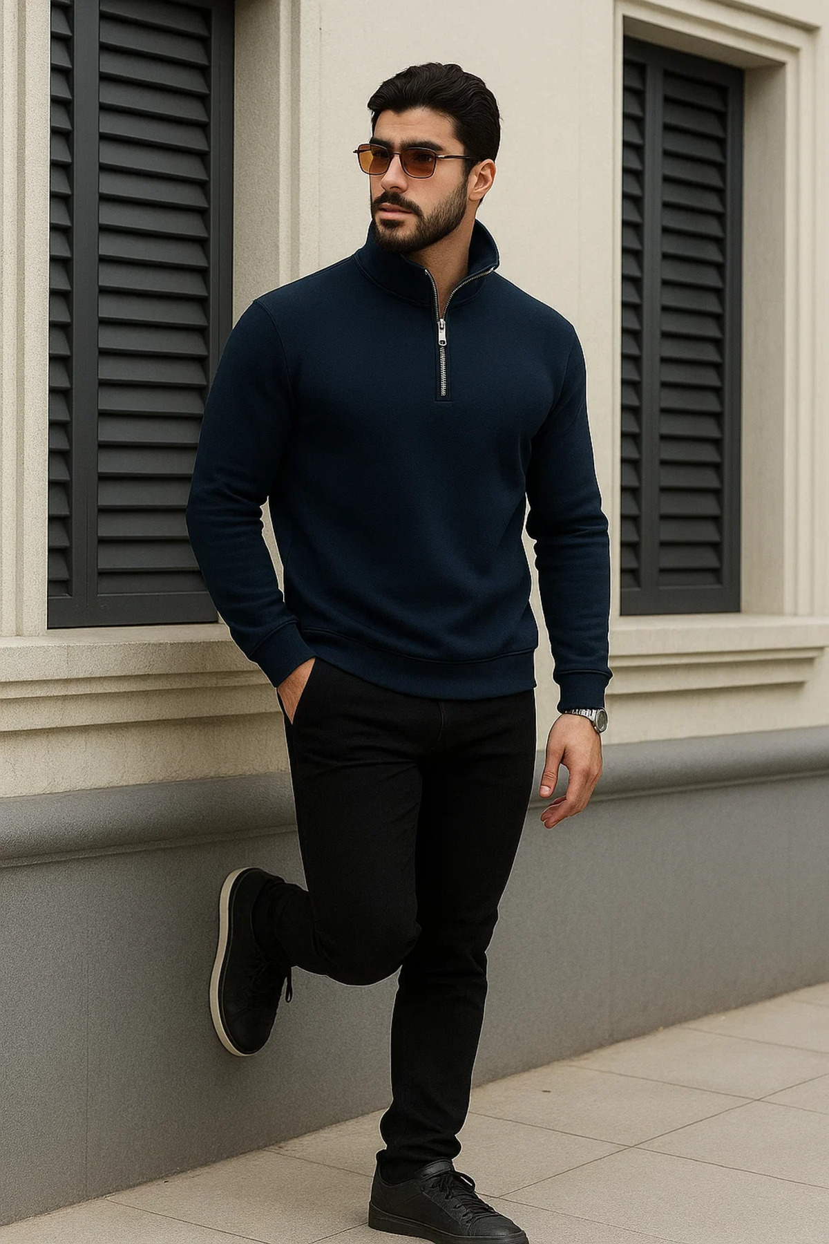 Erkek Trend Kışlık Lacivert Fermuarlı Sweatshirt 3