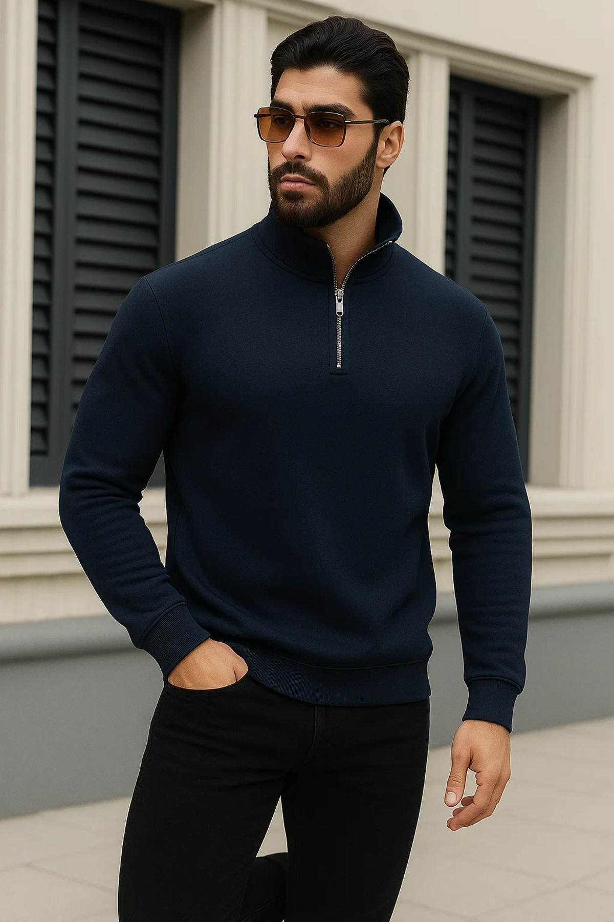 Erkek Trend Kışlık Lacivert Fermuarlı Sweatshirt 4
