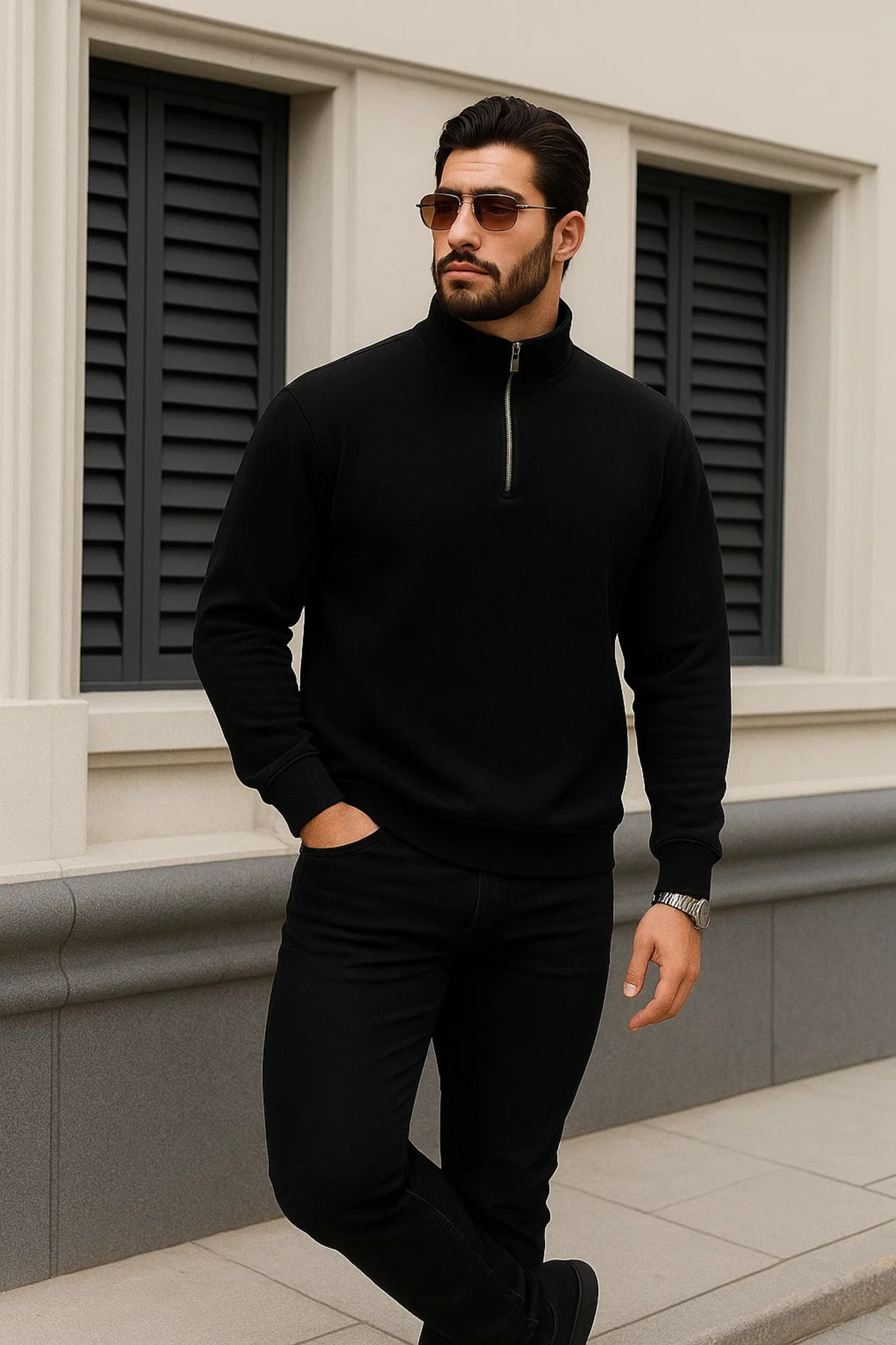 Erkek Trend Kışlık Siyah Fermuarlı Sweatshirt 3