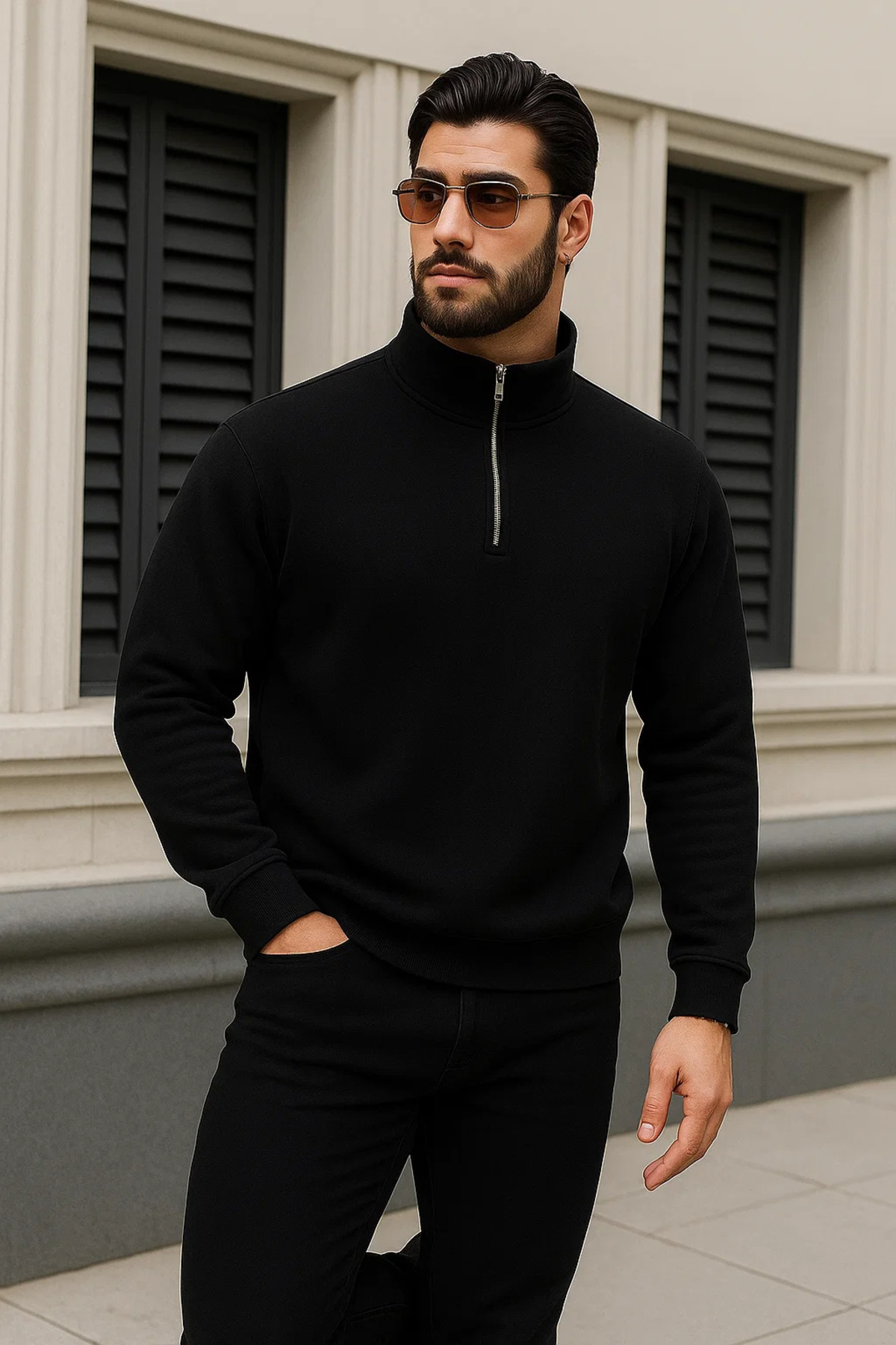 Erkek Trend Kışlık Siyah Fermuarlı Sweatshirt 4