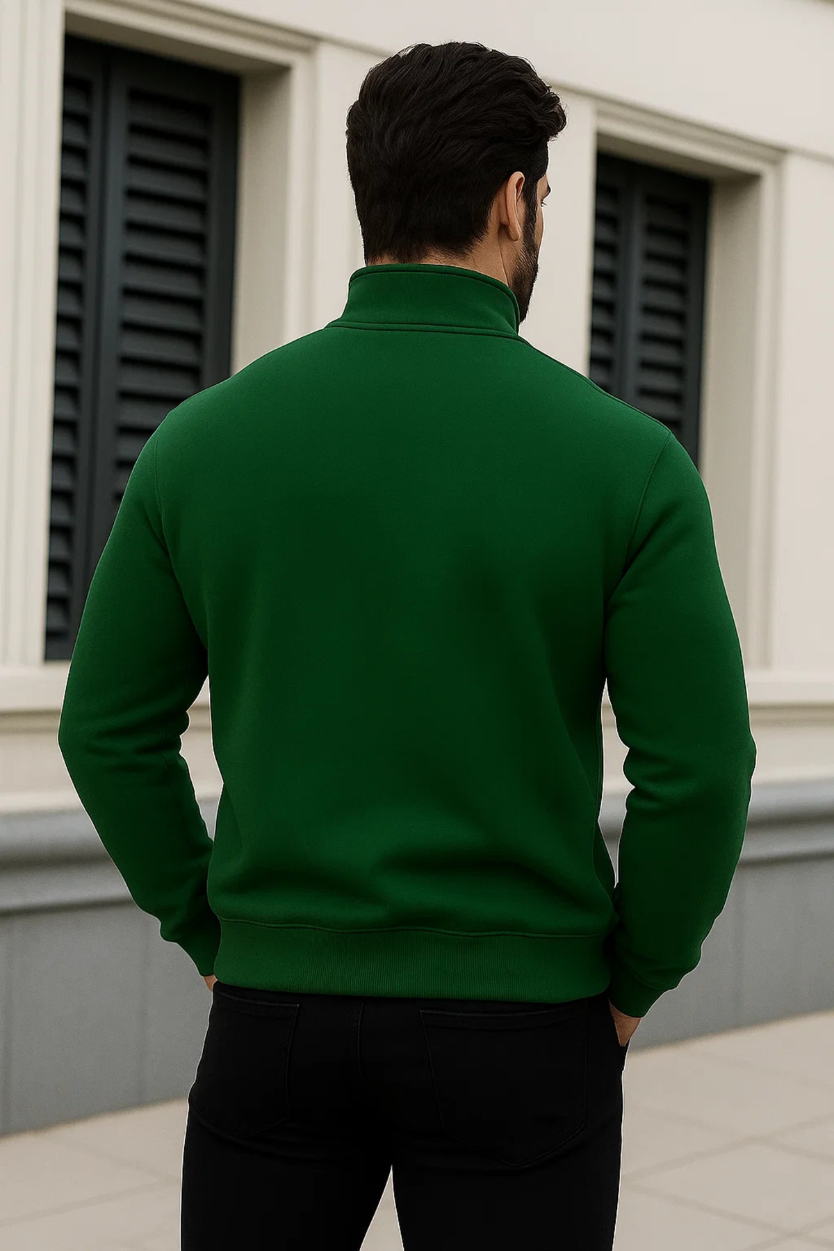 Erkek Trend Kışlık Yeşil Fermuarlı Sweatshirt 5
