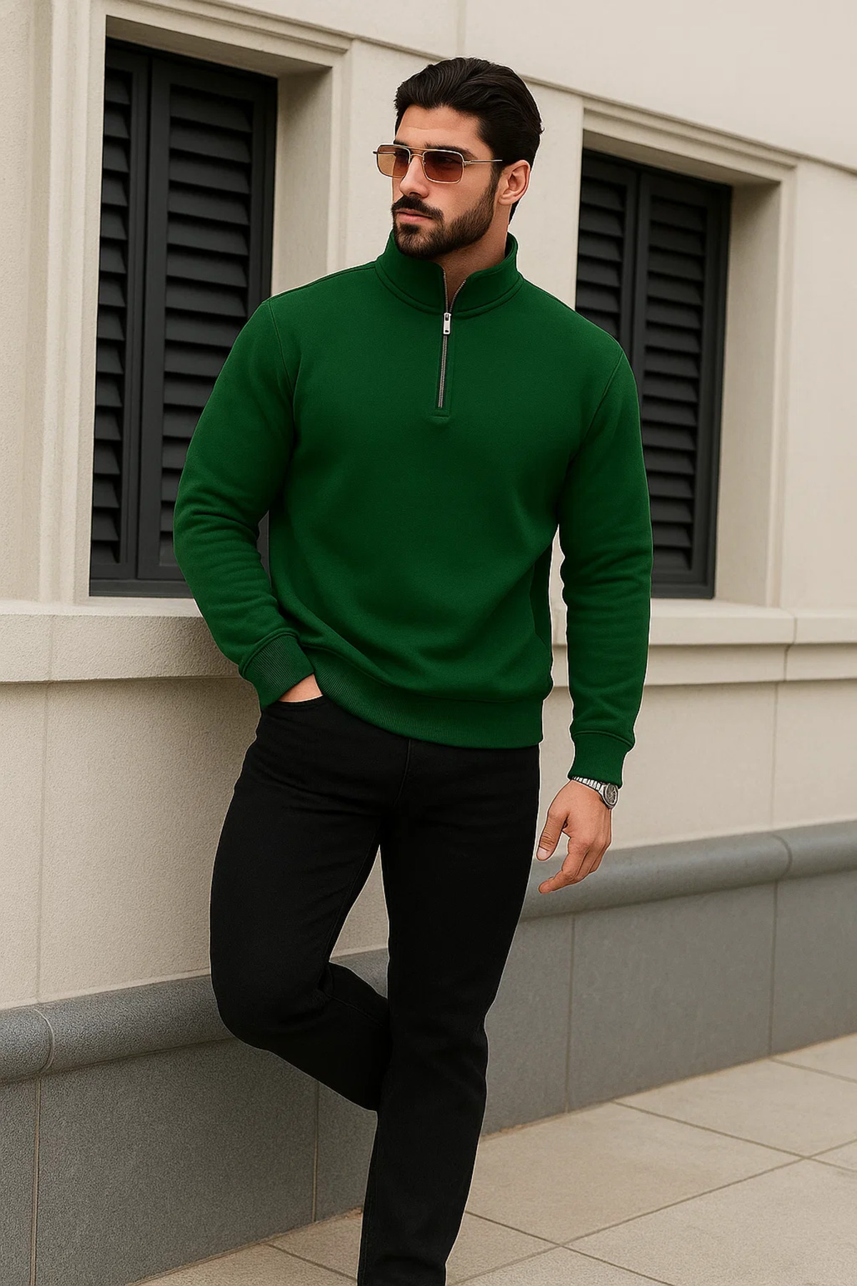 Erkek Trend Kışlık Yeşil Fermuarlı Sweatshirt 4