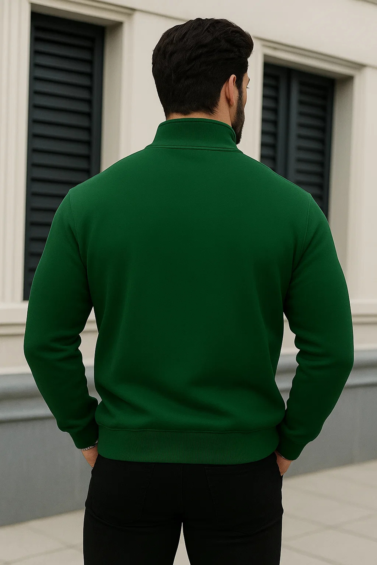 Erkek Trend Kışlık Yeşil Fermuarlı Sweatshirt 6
