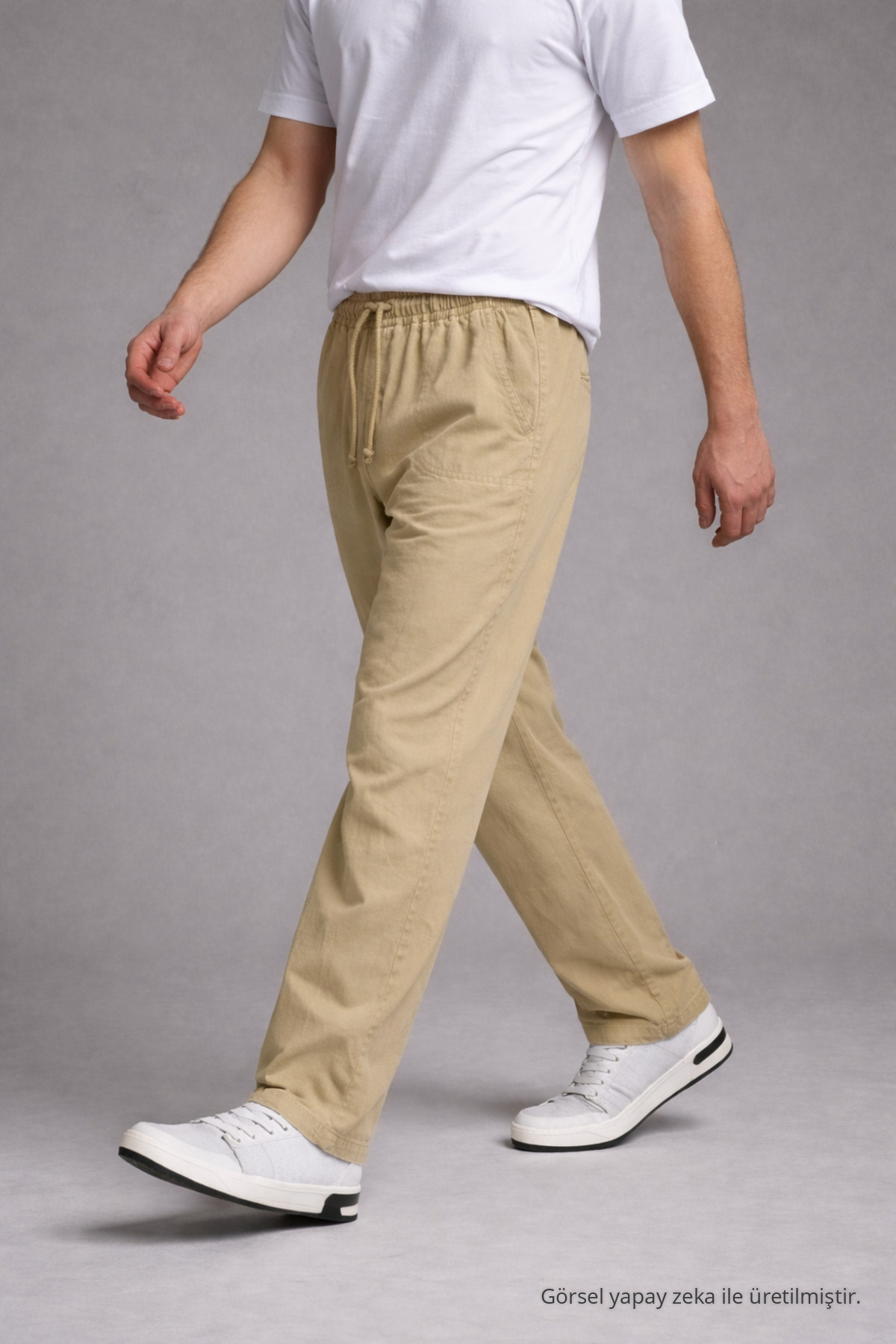 Erkek Beli Lastikli Bol Paça Bej Keten Pantolon 3