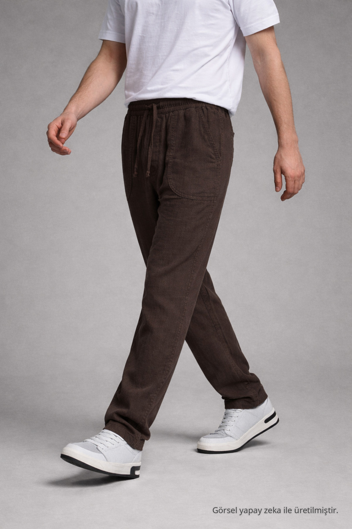 Erkek Beli Lastikli Bol Paça Kahverengi Keten Pantolon 3