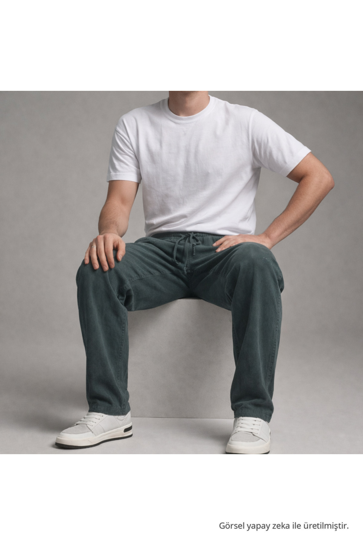 Erkek Beli Lastikli Bol Paça Koyu Keten Pantolon 5