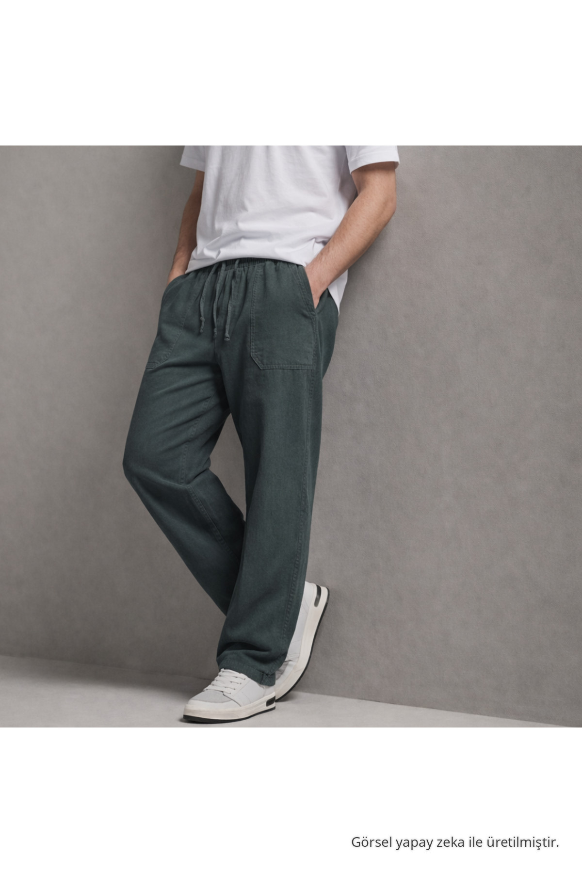 Erkek Beli Lastikli Bol Paça Koyu Keten Pantolon 4