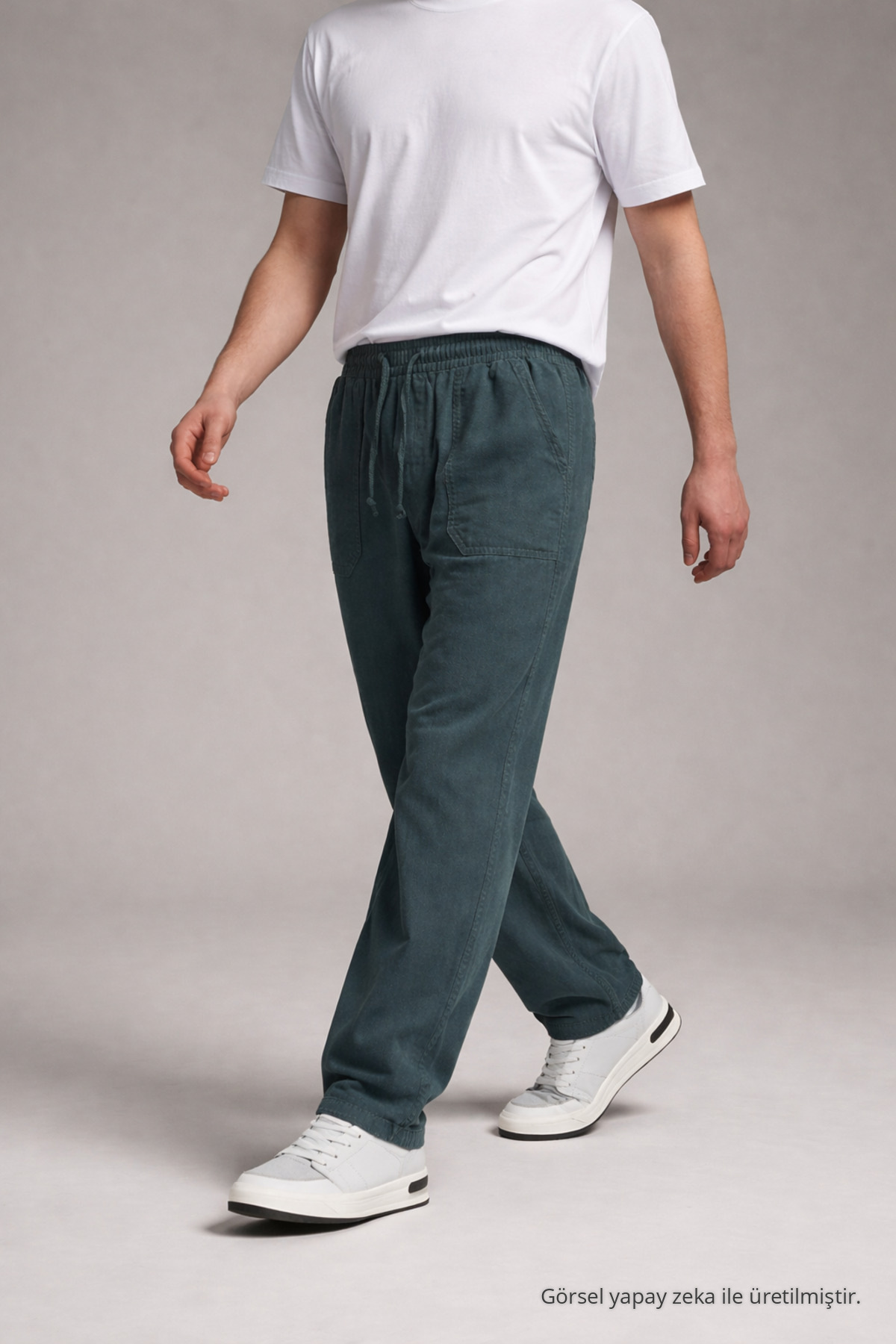 Erkek Beli Lastikli Bol Paça Koyu Keten Pantolon 3