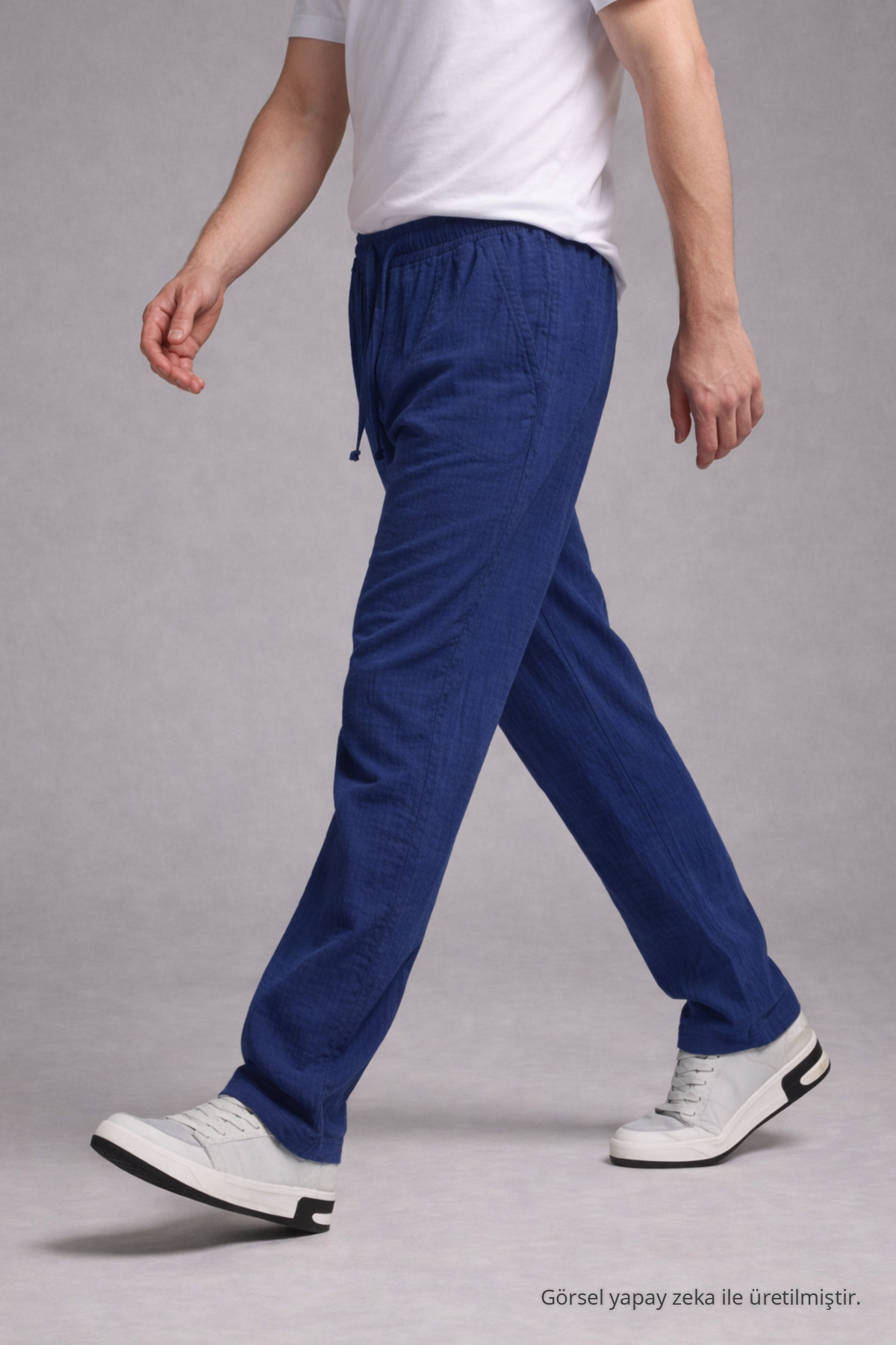 Erkek Beli Lastikli Bol Paça Lacivert Keten Pantolon 4